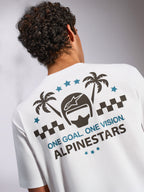 Alpinestars Order CSF Tee, Short Sleeve T-Shirt, White, Back view featuring graphic with helmet, palm trees, and 'ONE GOAL. ONE VISION.' text, Casual Motorsport Streetwear