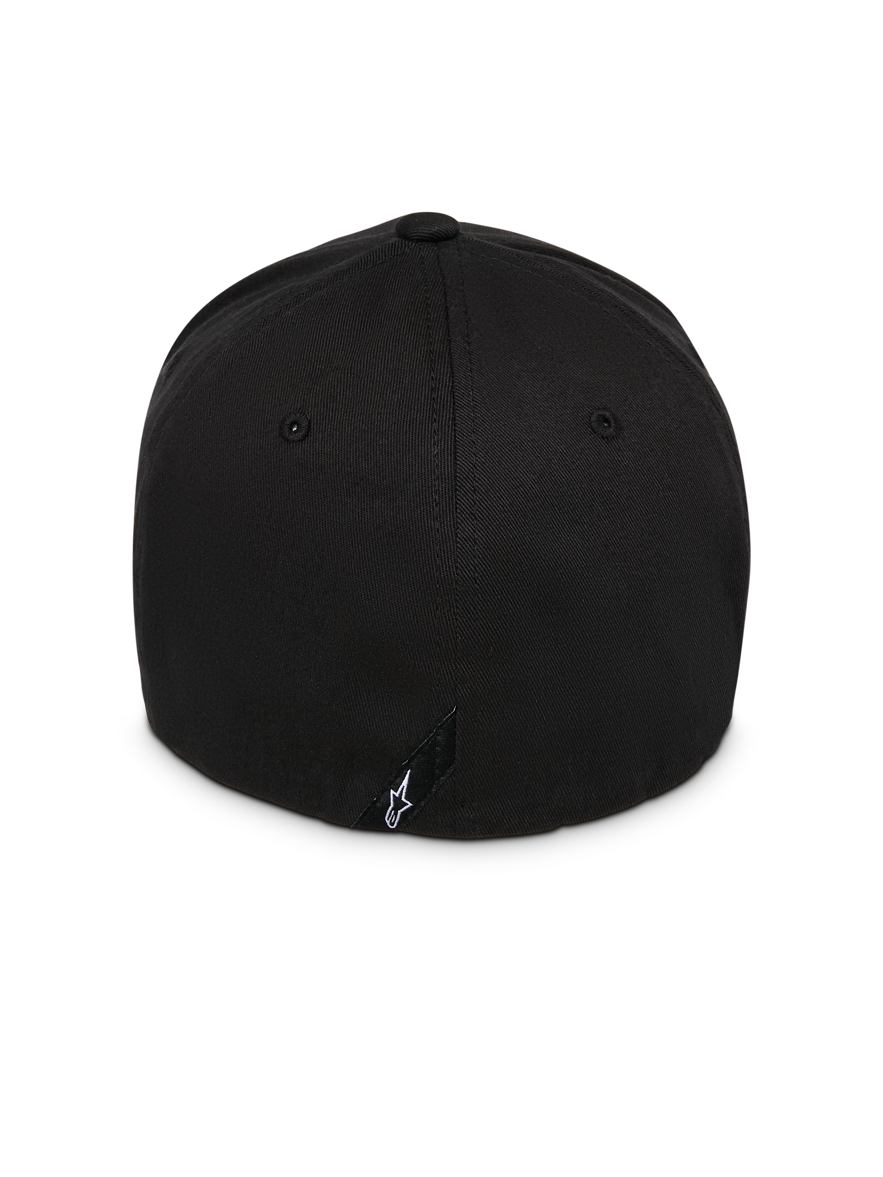 Alpinestars Instinct kasket, sort, set bagfra med struktureret krone og flex-back design, lille sort mærkat med hvidt Astars-logo, holdbart twill-stof, afslappet motorsport-inspireret hovedbeklædning