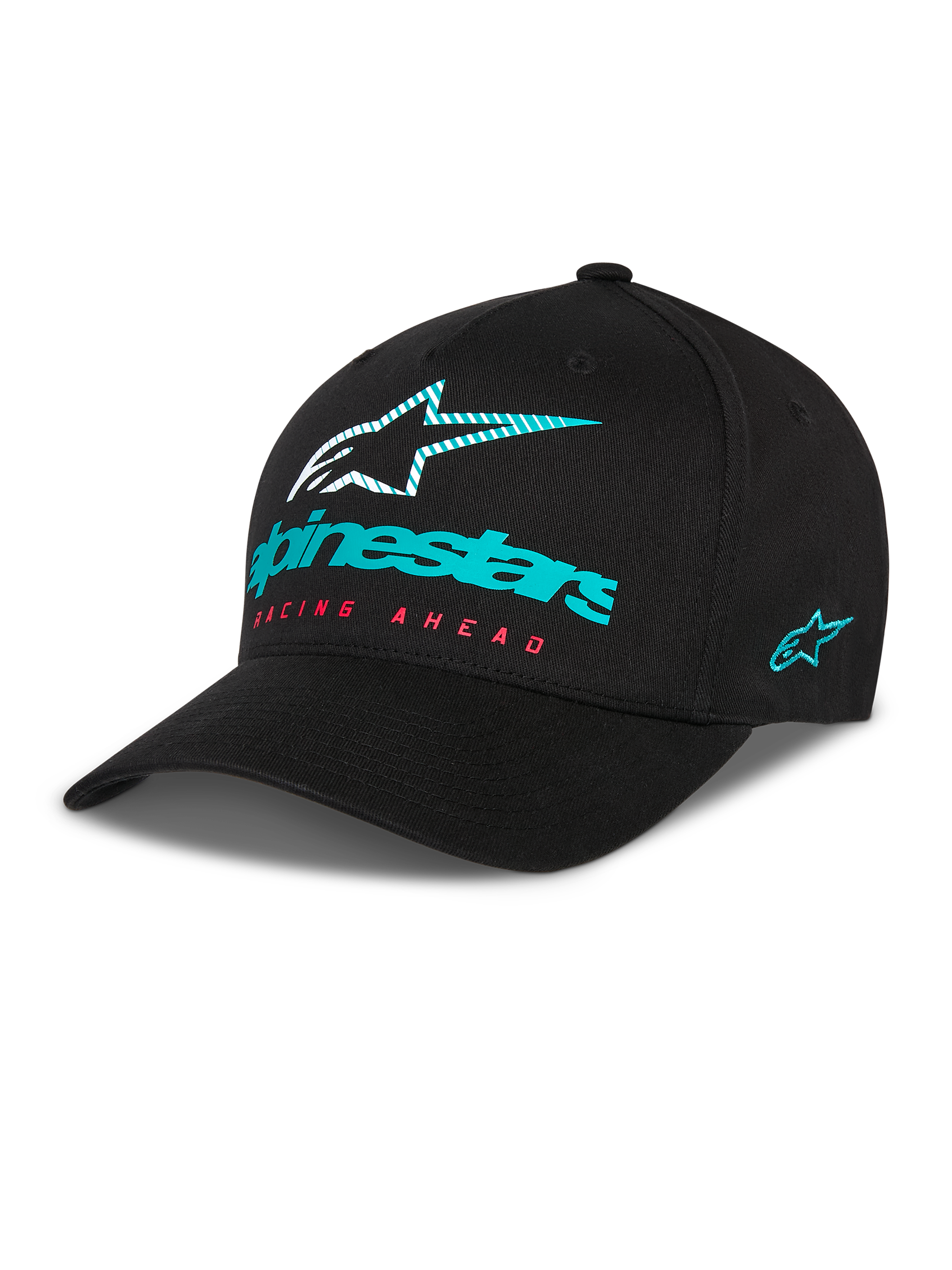 Alpinestars Instinct kasket, sort baseball-kasket med buet skygge, teal Alpinestars-logo og stribet stjerne på fronten, rød 'Racing Ahead'-tekst, teal broderet logo på siden, afslappet motorsport-hovedbeklædning