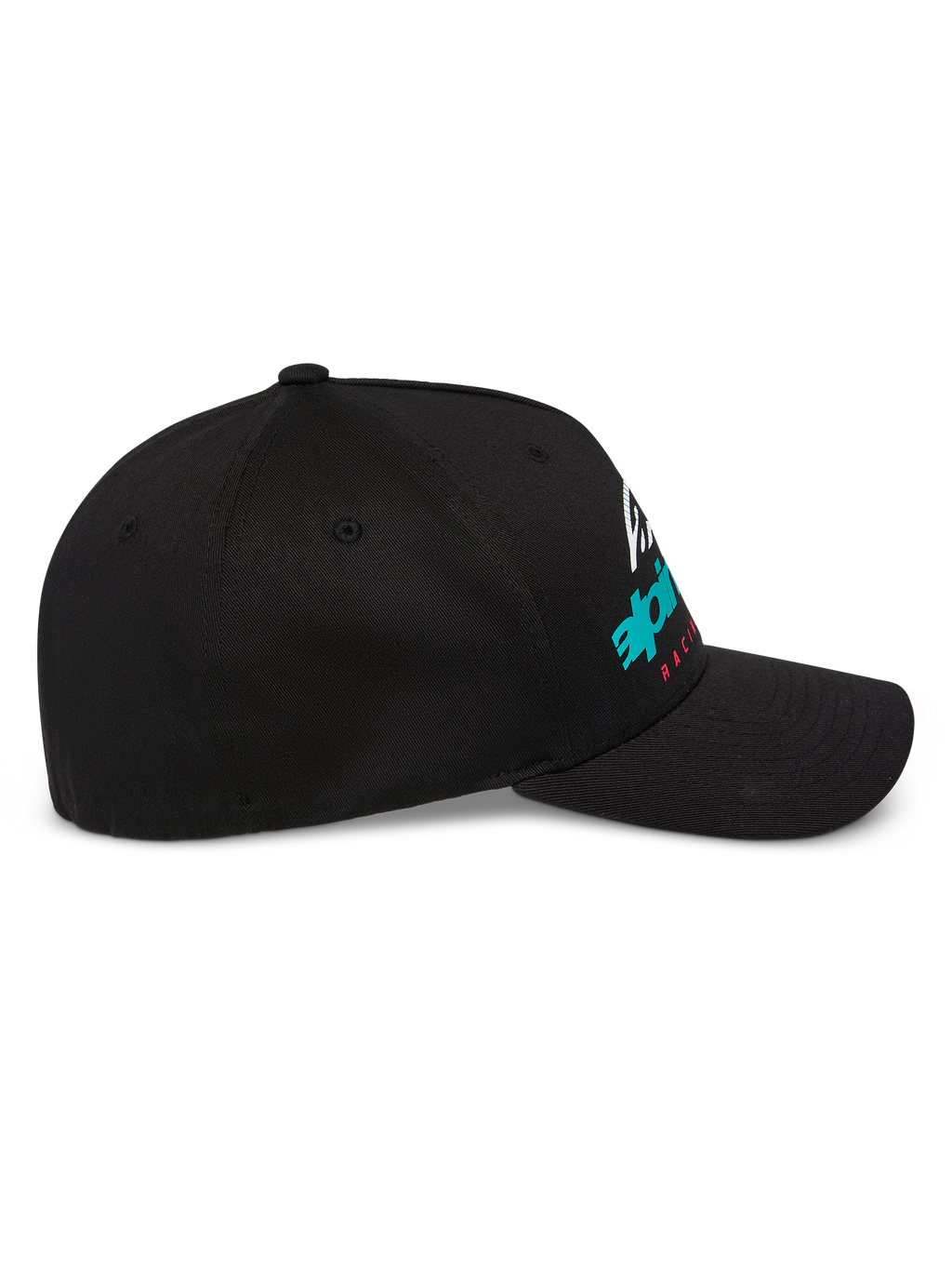 Alpinestars Instinct kasket, struktureret baseball-kasket, sort, sideprofil med buet skygge og farvegradieret Astars-logoprint, afslappet motorsport-streetwear