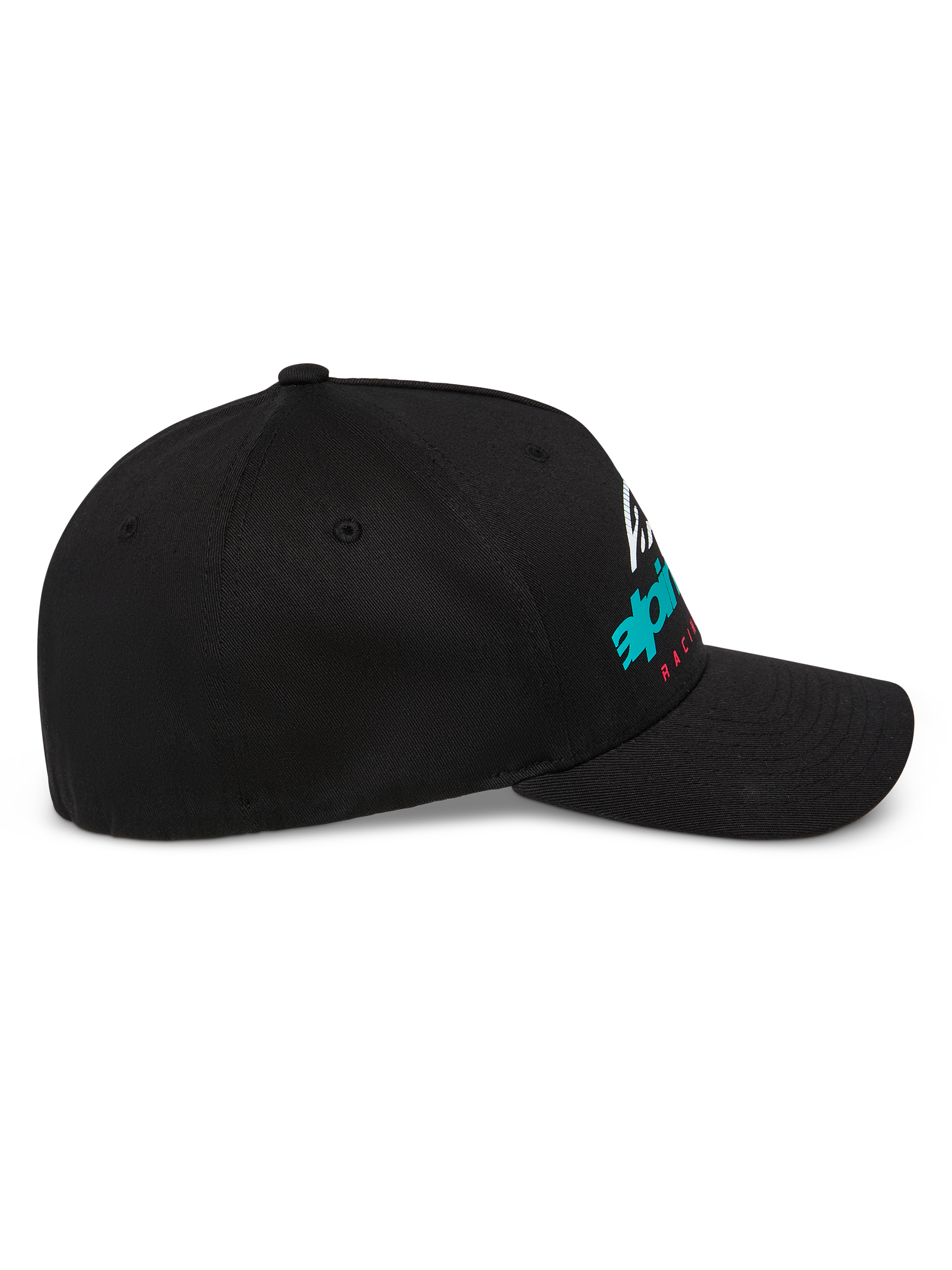Alpinestars Instinct kasket, struktureret baseball-kasket, sort, sideprofil med buet skygge og farvegradieret Astars-logoprint, afslappet motorsport-streetwear