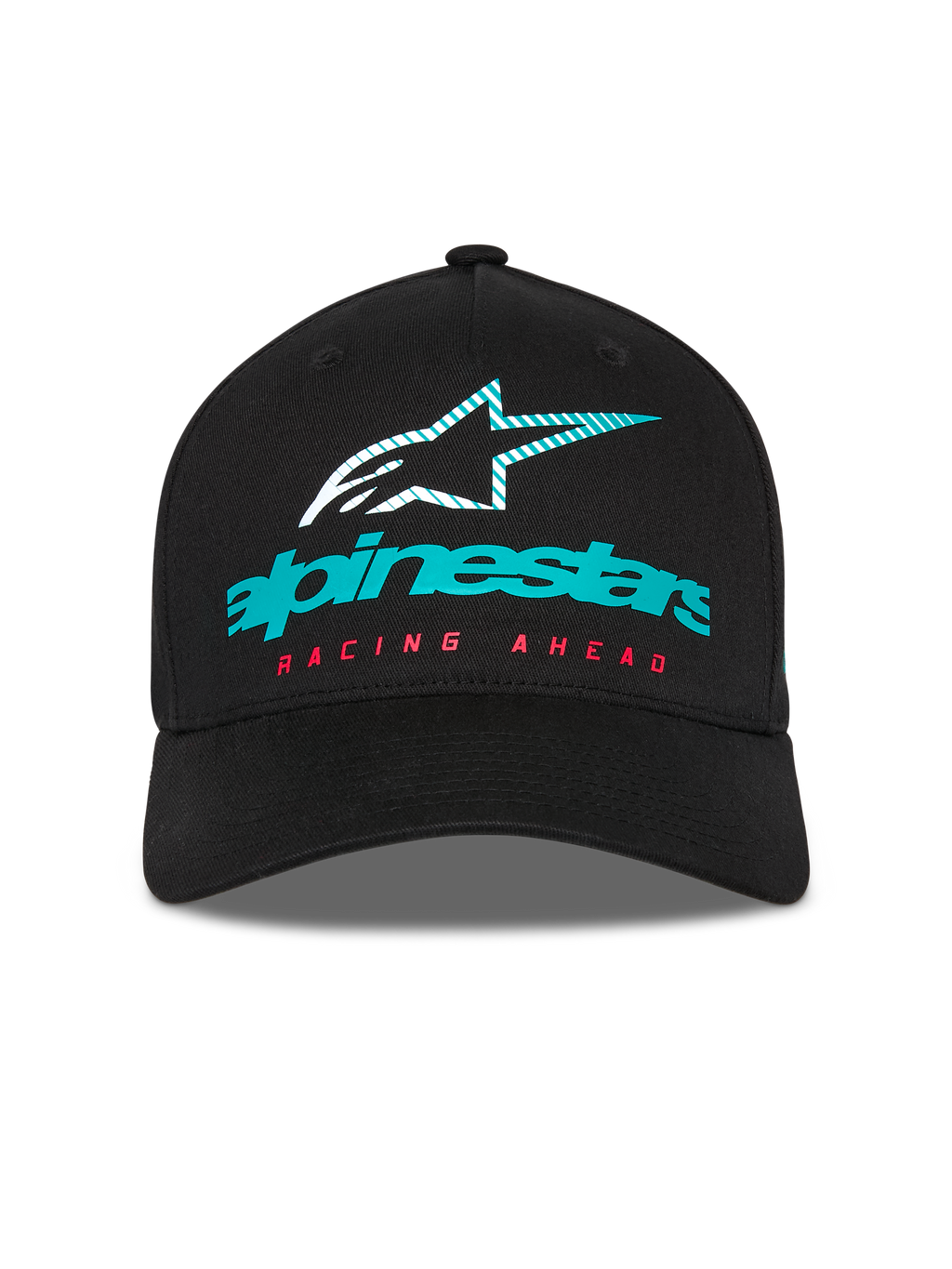 Alpinestars Instinct kasket, struktureret baseballkasket, sort, med turkis Alpinestars-logo, stribet stjerneikon og rød 'RACING AHEAD'-tekst, buet skygge, afslappet motorsport-streetwear