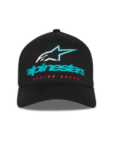 Alpinestars Instinct kasket, struktureret baseballkasket, sort, med turkis Alpinestars-logo, stribet stjerneikon og rød 'RACING AHEAD'-tekst, buet skygge, afslappet motorsport-streetwear