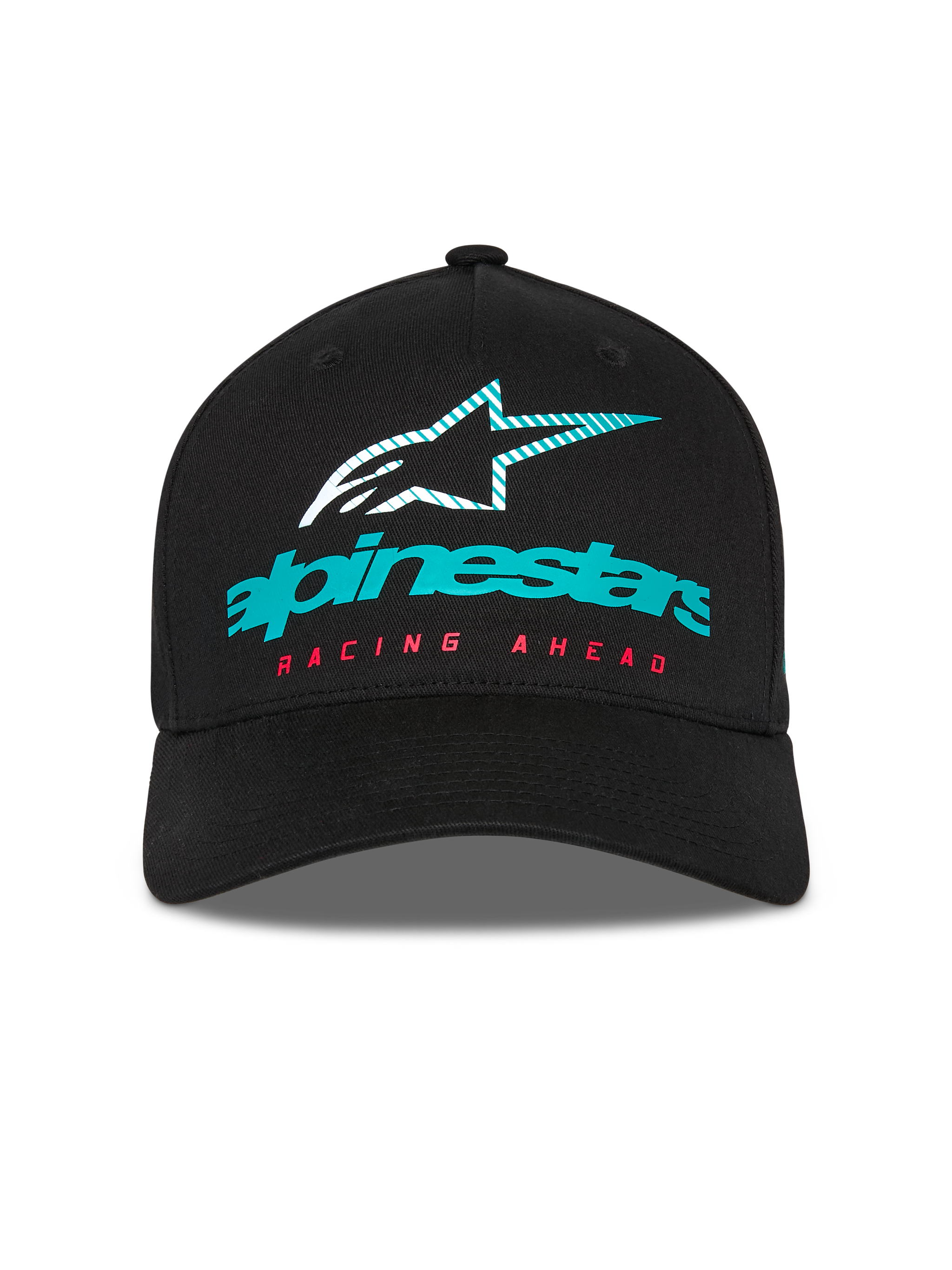 Alpinestars Instinct kasket, struktureret baseballkasket, sort, med turkis Alpinestars-logo, stribet stjerneikon og rød 'RACING AHEAD'-tekst, buet skygge, afslappet motorsport-streetwear