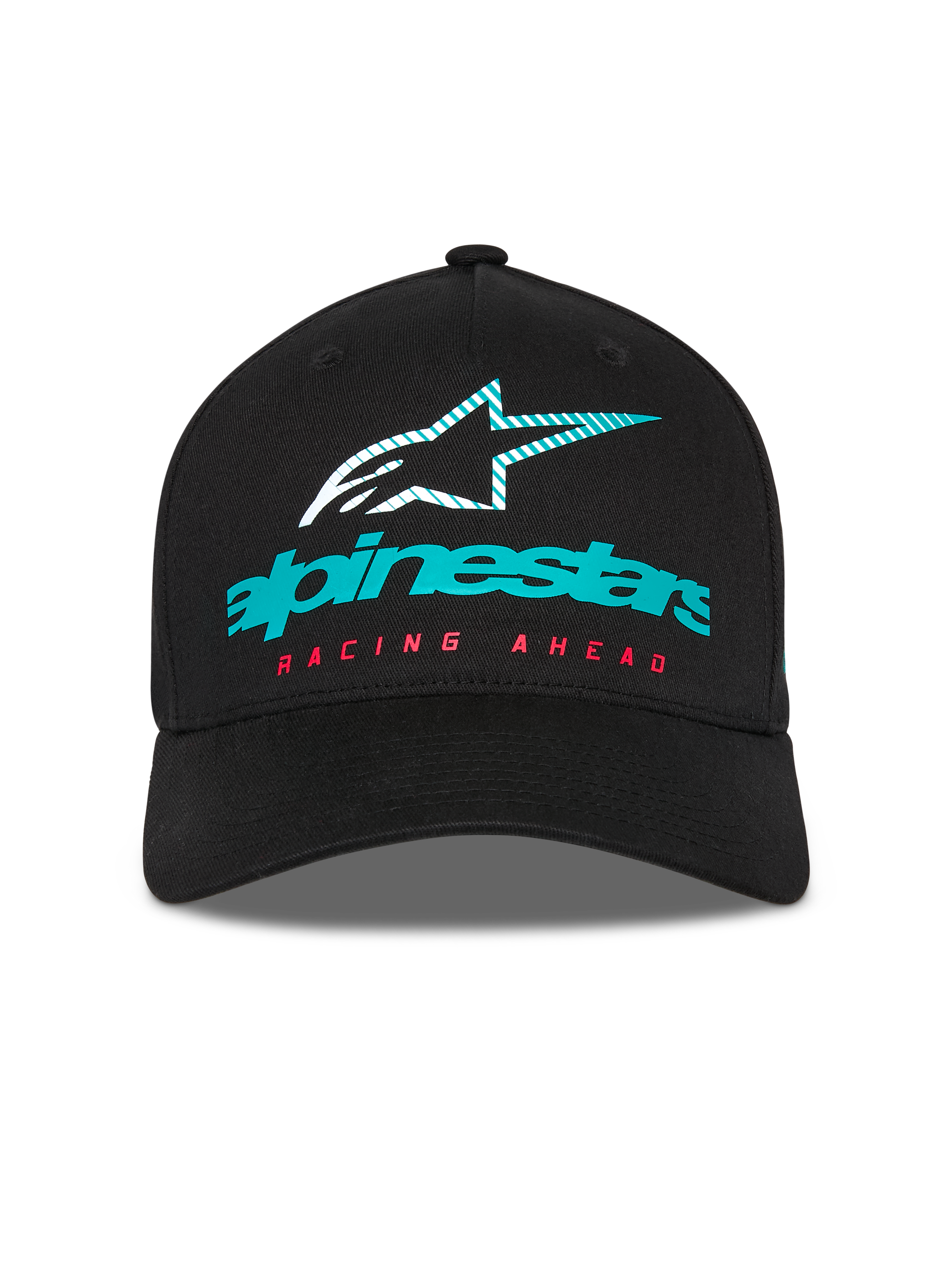 Alpinestars Instinct kasket, struktureret baseballkasket, sort, med turkis Alpinestars-logo, stribet stjerneikon og rød 'RACING AHEAD'-tekst, buet skygge, afslappet motorsport-streetwear
