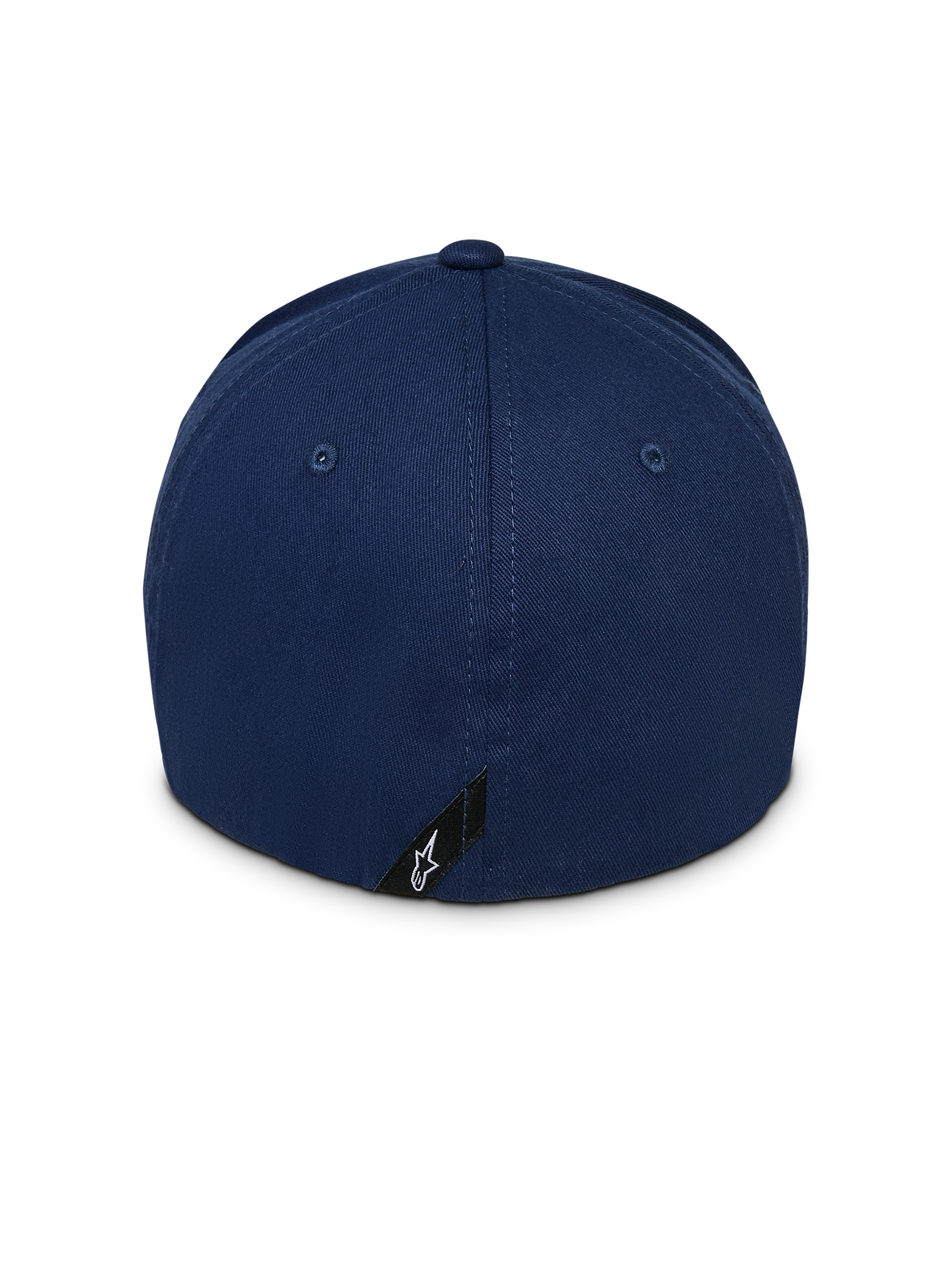 Alpinestars Instinct kasket, marineblå baseball-kasket, set bagfra, struktureret krone og fleksibel bagside, lille sort label med hvidt Astars-stjernelogo på den nederste kant