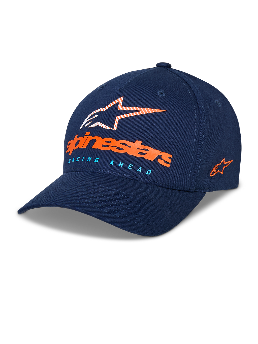 Alpinestars Instinct kasket, mørkeblå baseballkasket, buet skygge med struktureret krone, Astars-logo på fronten med orange tekstlogo og lyseblå "Racing Ahead"-tekst, broderet logo på siden, afslappet sportswear-hovedbeklædning