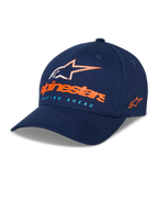 Alpinestars Instinct kasket, mørkeblå baseballkasket, buet skygge med struktureret krone, Astars-logo på fronten med orange tekstlogo og lyseblå "Racing Ahead"-tekst, broderet logo på siden, afslappet sportswear-hovedbeklædning