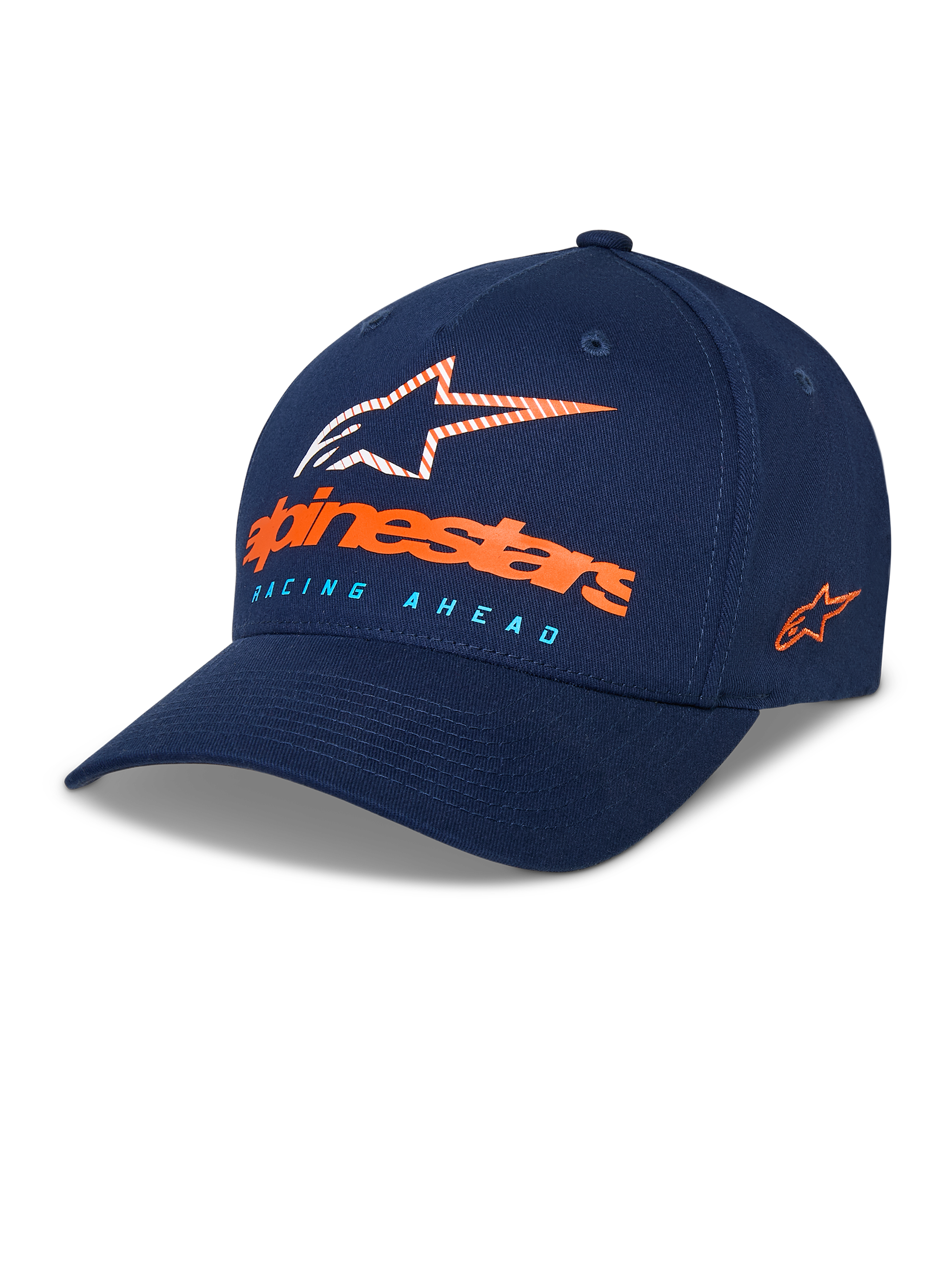 Alpinestars Instinct kasket, mørkeblå baseballkasket, buet skygge med struktureret krone, Astars-logo på fronten med orange tekstlogo og lyseblå "Racing Ahead"-tekst, broderet logo på siden, afslappet sportswear-hovedbeklædning