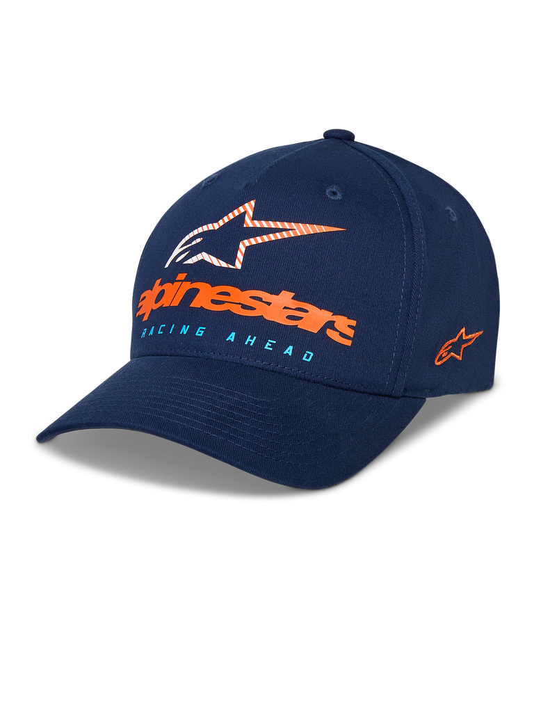 Alpinestars Instinct kasket, mørkeblå baseballkasket, buet skygge med struktureret krone, Astars-logo på fronten med orange tekstlogo og lyseblå "Racing Ahead"-tekst, broderet logo på siden, afslappet sportswear-hovedbeklædning