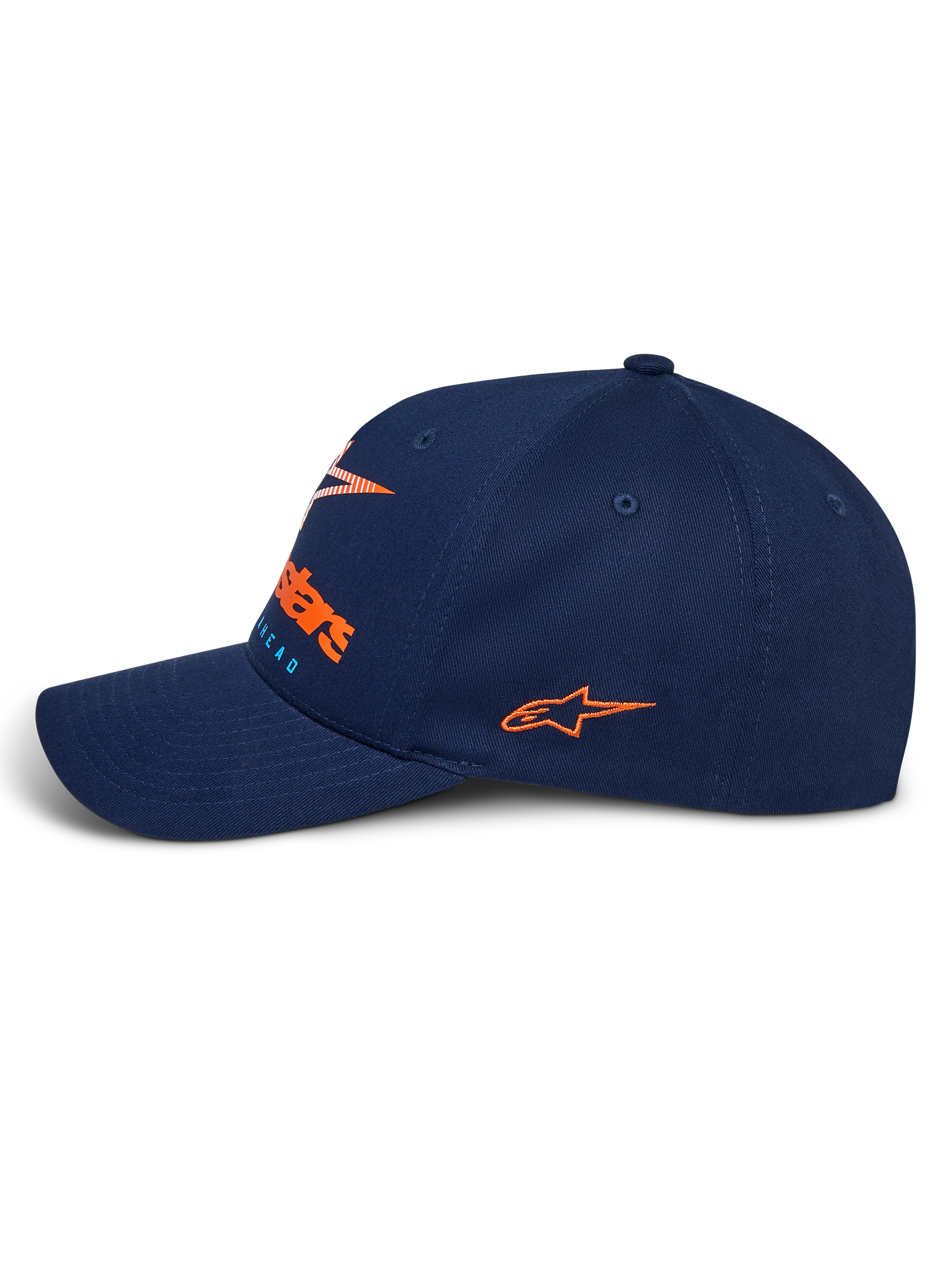 Alpinestars Instinct Kasket, navyblå sportskasket, set fra siden med buet skygge, orange broderet logo på siden, frontlogo med orange farvegradieret print, struktureret krone i twill-stof
