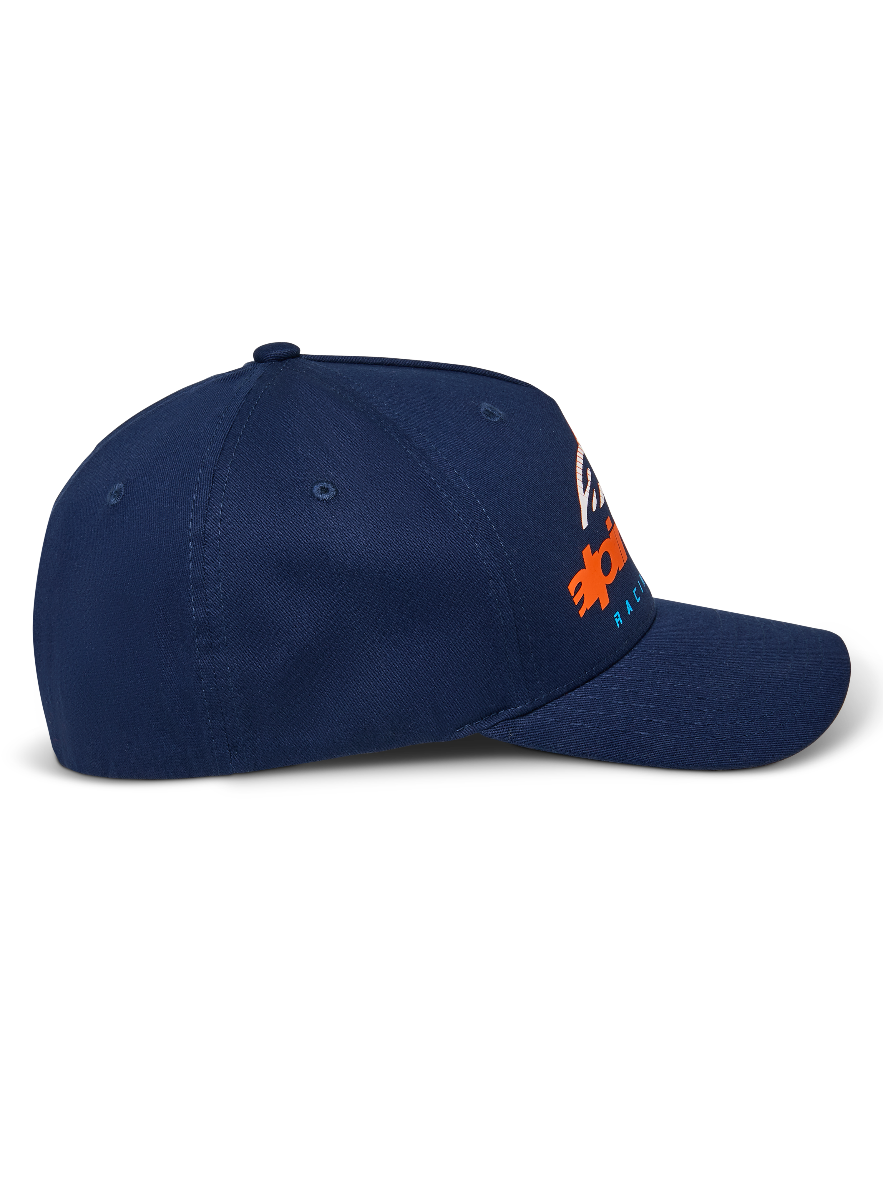 Alpinestars Instinct kasket, navy, buet skygge med struktureret krone, set fra siden med orange og blå gradient logoprint, afslappet sportstøj