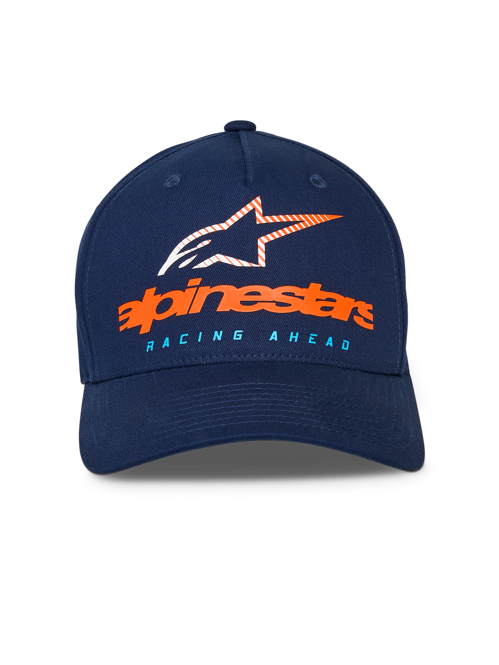 Alpinestars Instinct kasket, mørkeblå baseballkasket, buet skygge med struktureret krone, orange Alpinestars-navnetræk og stribet stjernelogo på fronten, lyseblå "RACING AHEAD" tekst, casual sportstøj