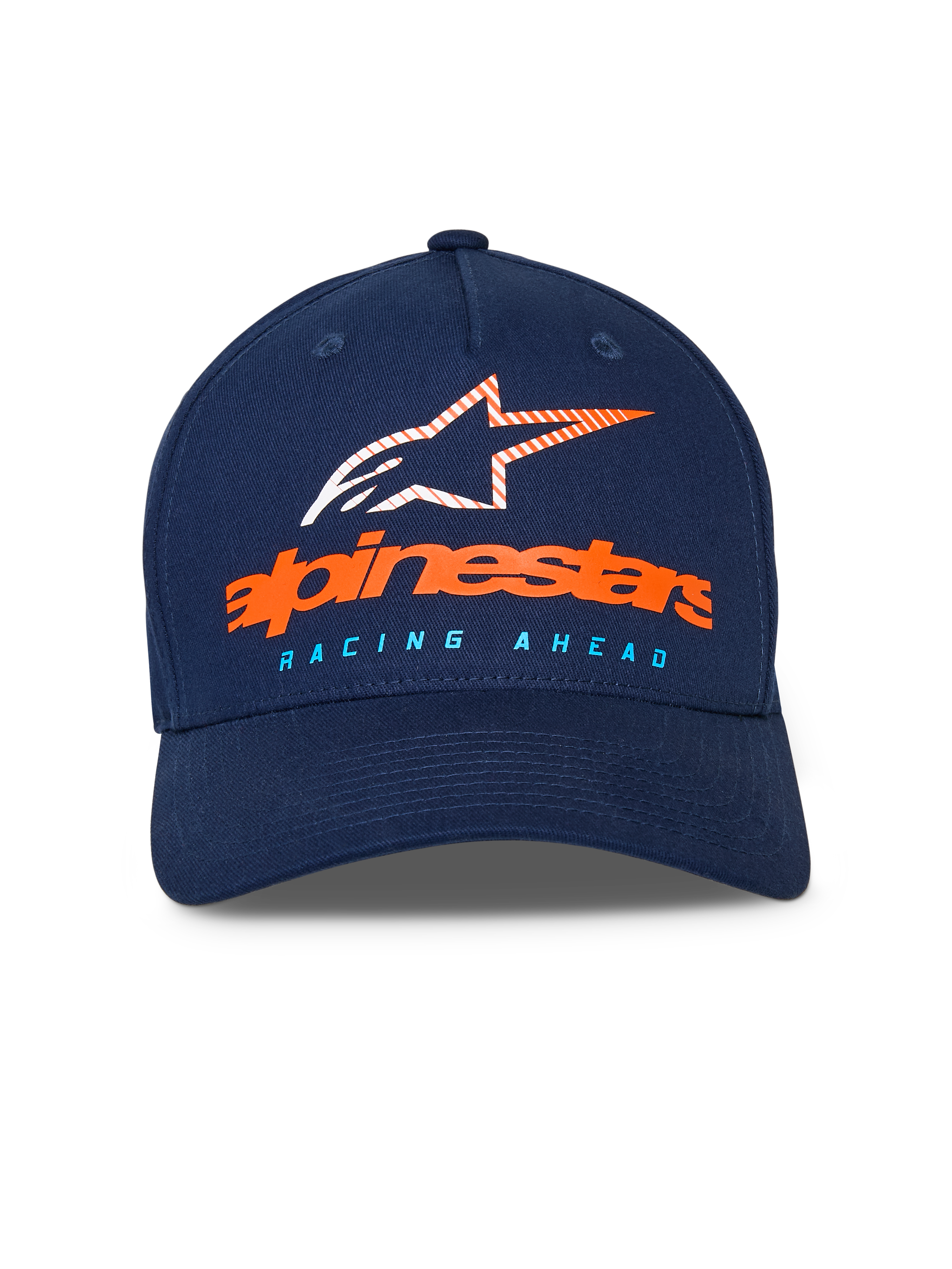 Alpinestars Instinct kasket, mørkeblå baseballkasket, buet skygge med struktureret krone, orange Alpinestars-navnetræk og stribet stjernelogo på fronten, lyseblå "RACING AHEAD" tekst, casual sportstøj