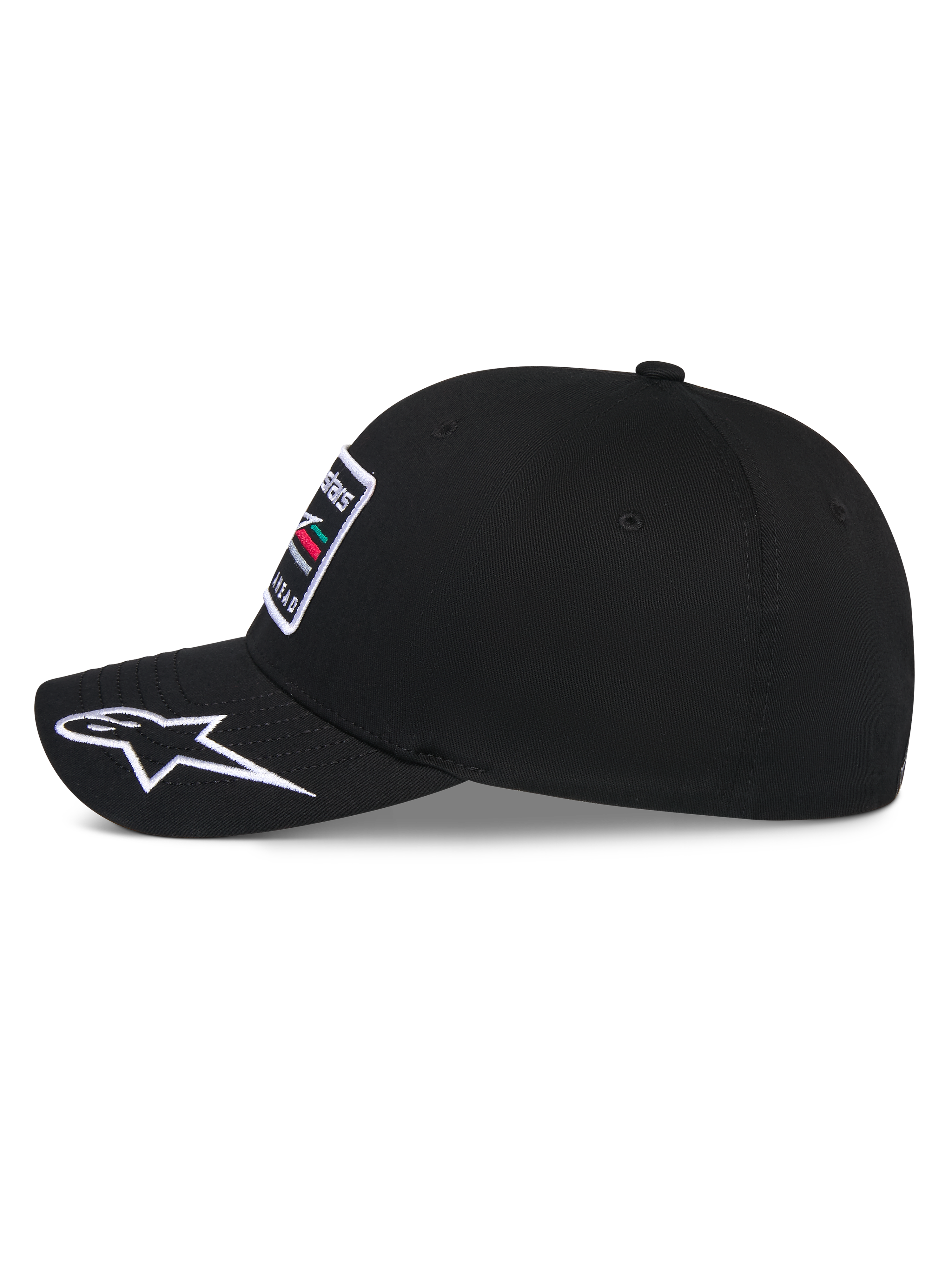 Alpinestars Surpass Hat, Baseball Cap, Black, side profile view showing curved bill with white embroidered Astars logo, structured crown with front embroidery patch, casual motorsport-inspired headwear