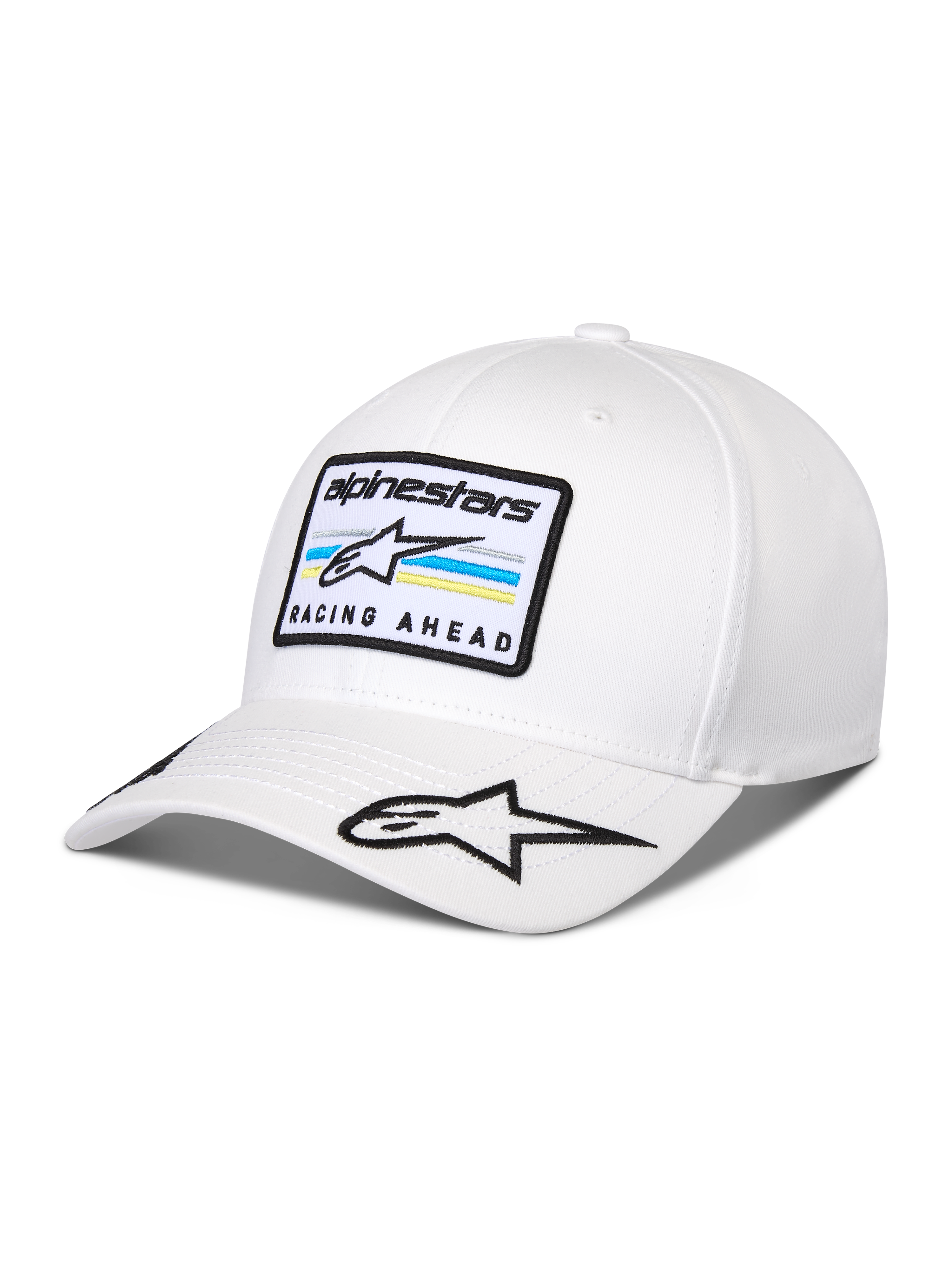 Alpinestars Surpass kasket, hvid kasket med buet skygge, struktureret krone, broderet mærke foran med Astars-logo og 'RACING AHEAD' tekst, yderligere stjerne-logo på skyggen, afslappet motorsport-inspireret hovedbeklædning