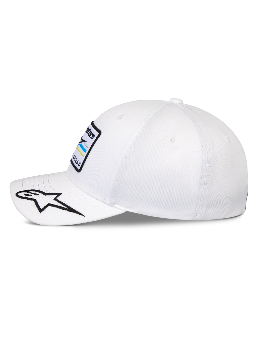 Alpinestars Surpass kasket, struktureret baseball-kasket, hvid, buet skygge med broderet sort og hvidt stjernelogo, sideprofil der viser front Astars logo-patch, afslappet motorsport-inspireret hovedbeklædning