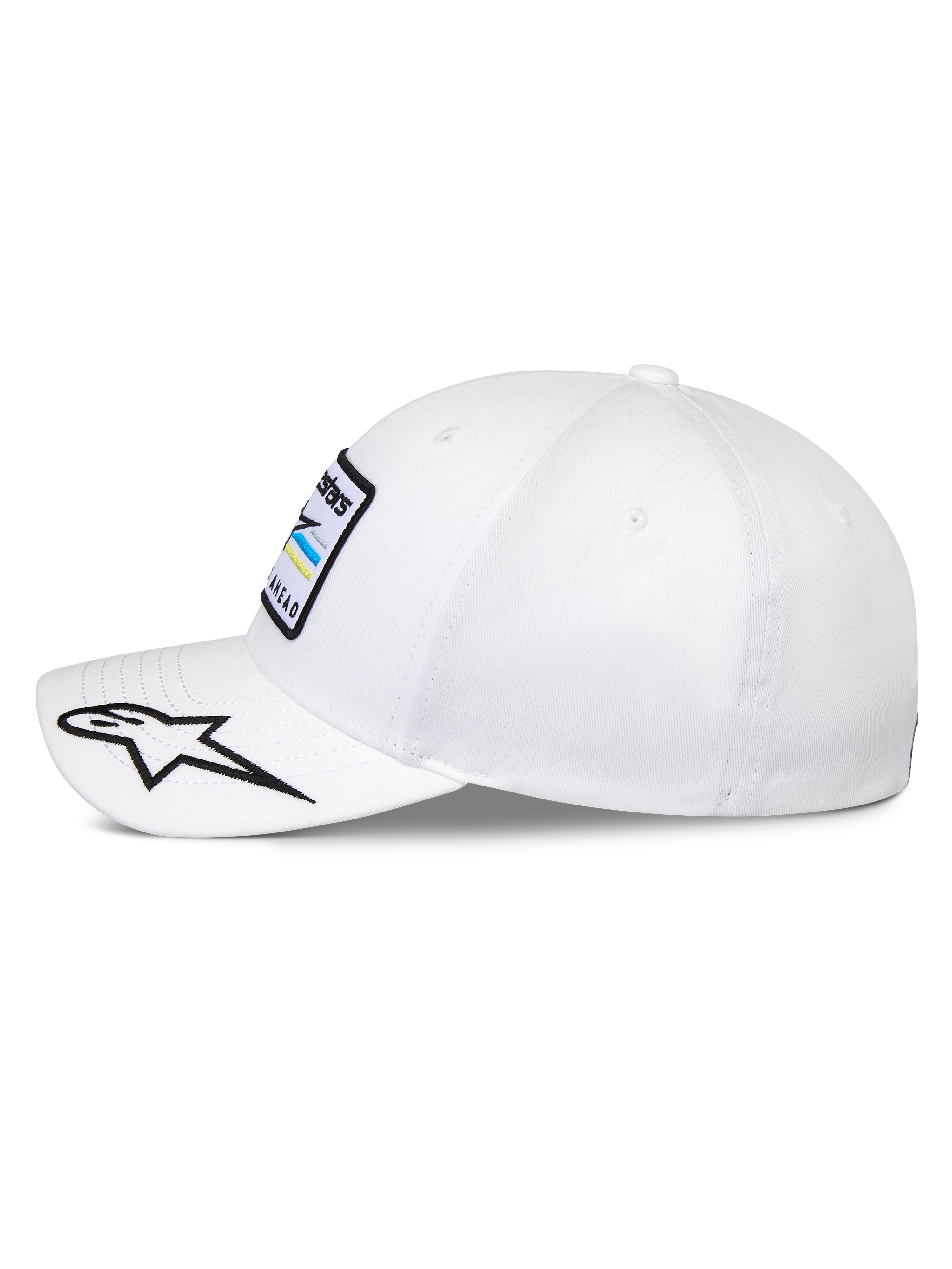 Alpinestars Surpass kasket, struktureret baseball-kasket, hvid, buet skygge med broderet sort og hvidt stjernelogo, sideprofil der viser front Astars logo-patch, afslappet motorsport-inspireret hovedbeklædning
