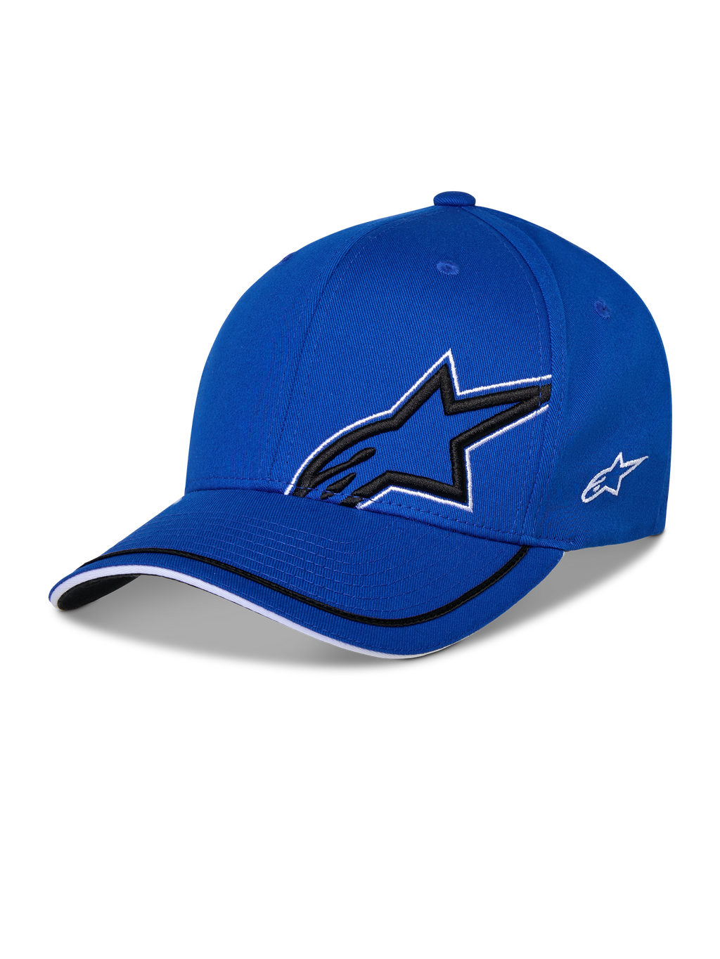 Alpinestars Corp Shift Relay kasket, blå struktureret baseball-kasket, med stort sort 3D Astars-stjernelogo med hvidt omrids, lille hvidt sidelogo, buet skygge med sorte og hvide kantdetaljer