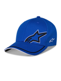 Alpinestars Corp Shift Relay kasket, blå struktureret baseball-kasket, med stort sort 3D Astars-stjernelogo med hvidt omrids, lille hvidt sidelogo, buet skygge med sorte og hvide kantdetaljer