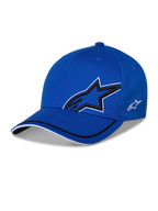Alpinestars Corp Shift Relay kasket, blå struktureret baseball-kasket, med stort sort 3D Astars-stjernelogo med hvidt omrids, lille hvidt sidelogo, buet skygge med sorte og hvide kantdetaljer