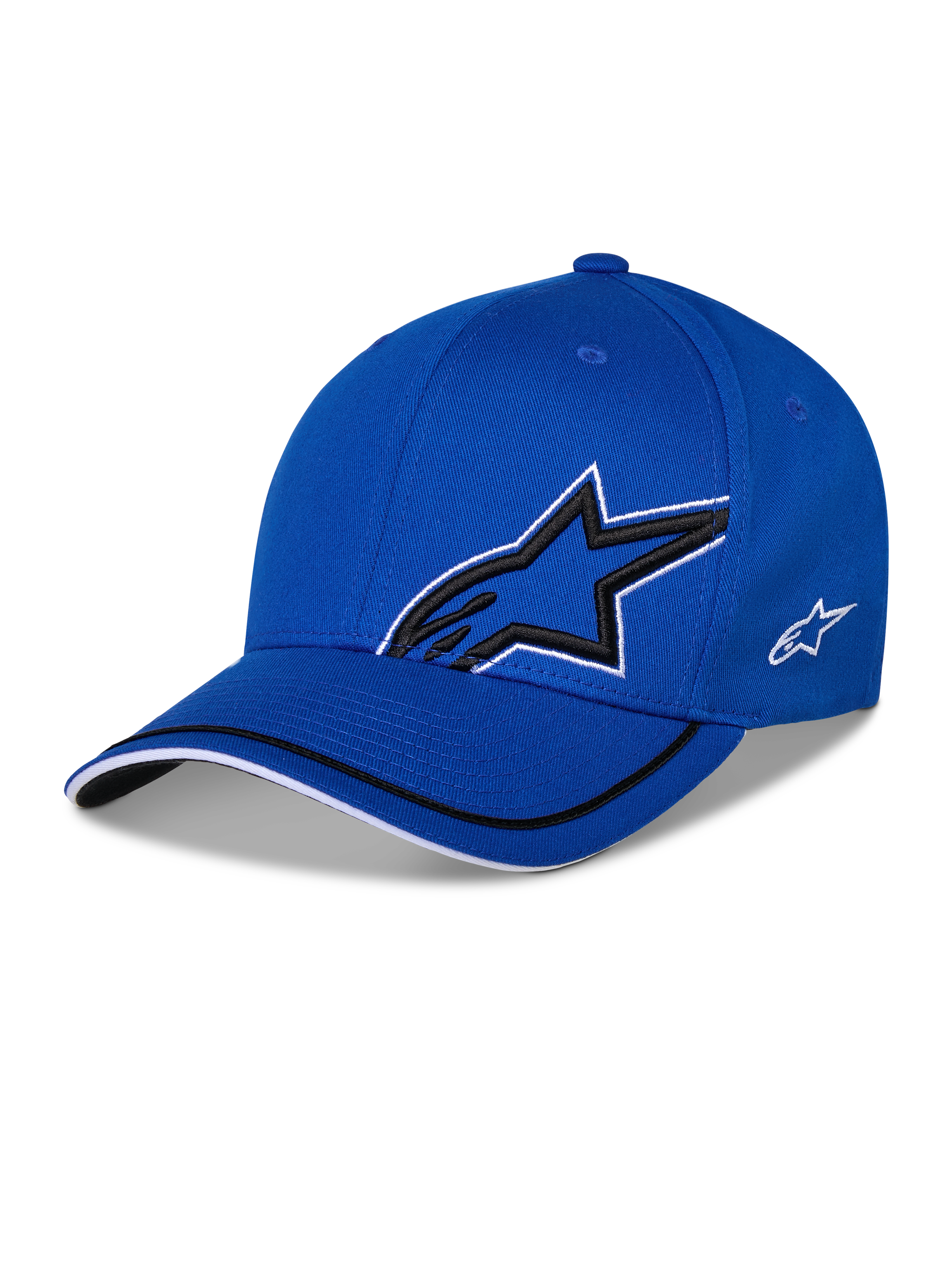 Alpinestars Corp Shift Relay kasket, blå struktureret baseball-kasket, med stort sort 3D Astars-stjernelogo med hvidt omrids, lille hvidt sidelogo, buet skygge med sorte og hvide kantdetaljer