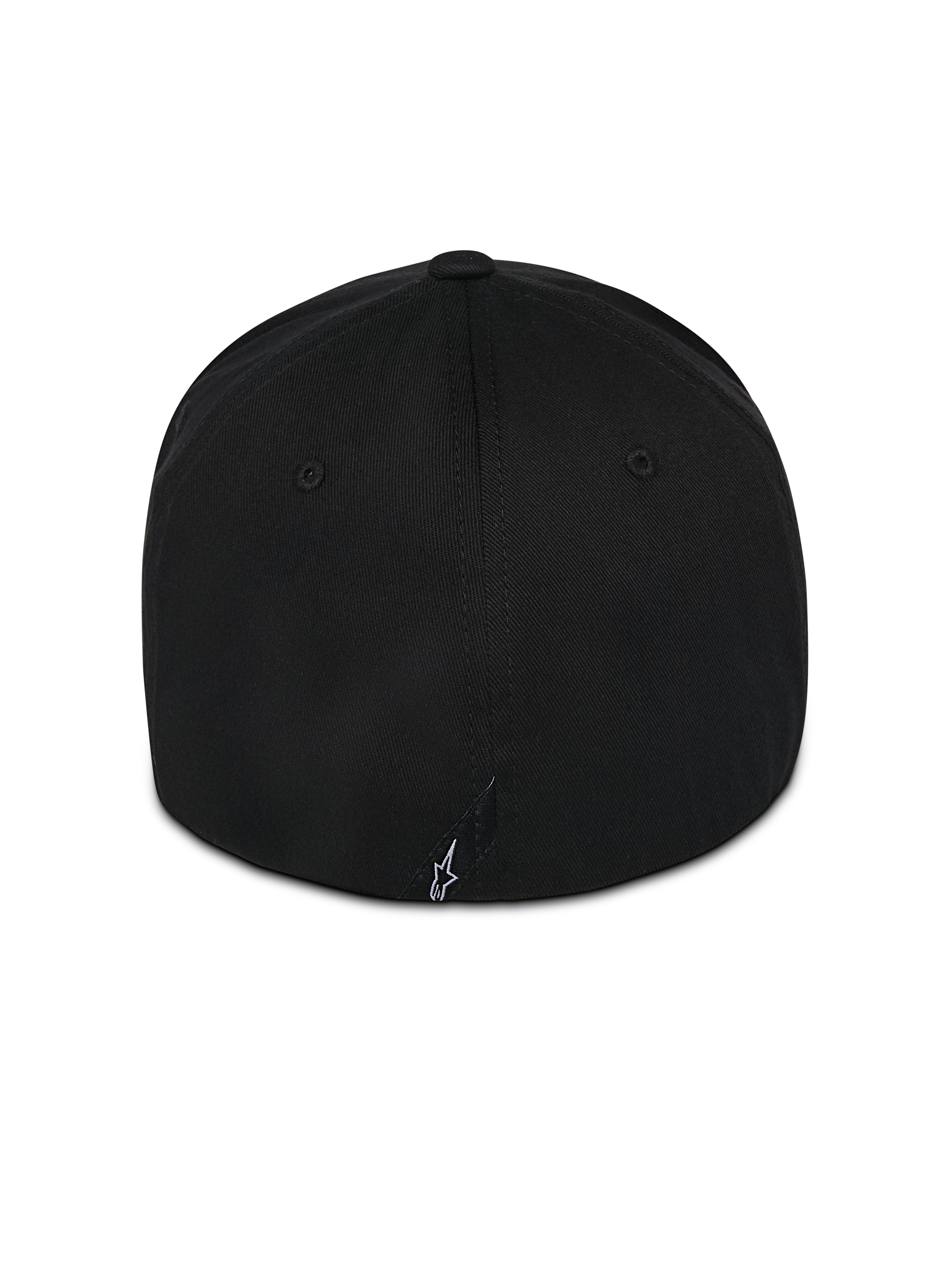 Alpinestars Pivot kasket, sort kasket med fleksibel bagside, set bagfra med lille hvidt broderet Astars-logo, twill-konstruktion, afslappet motorsportstøj