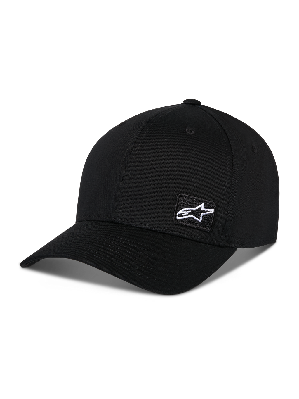 Alpinestars Pivot kasket, sort sportswear-kasket, med buet skygge og struktureret krone, lille hvidt Astars logo-patch på siden, afslappet motorsport-inspireret design