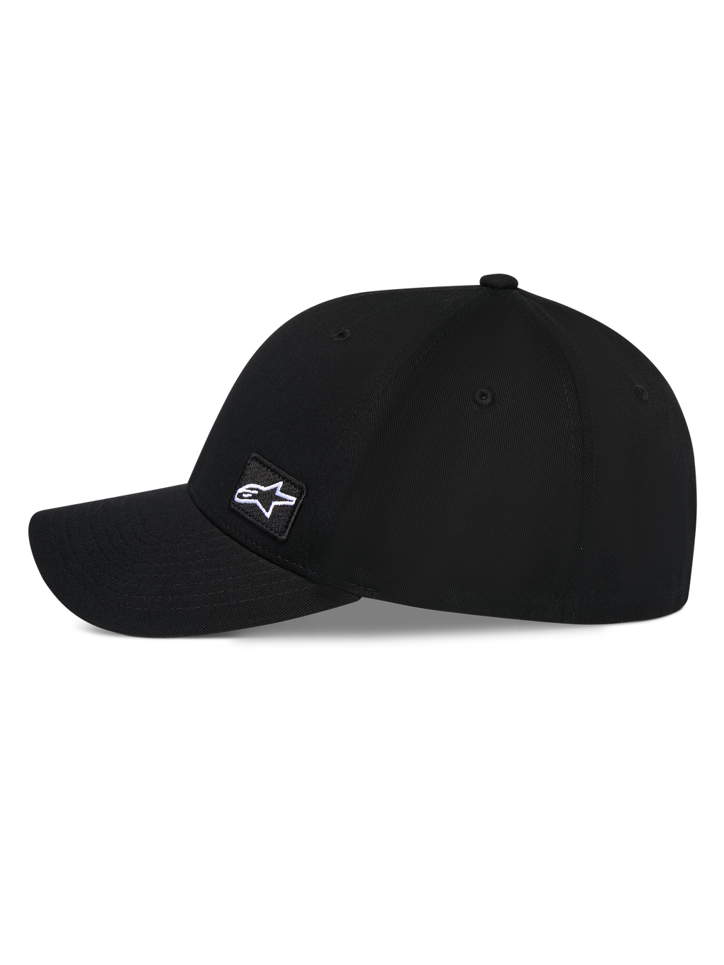 Alpinestars Pivot kasket, sort baseballkasket, sideprofil med buet skygge og struktureret krone, lille broderet firkantet Astars-logomærke på siden, afslappet motorsport-inspireret hovedbeklædning