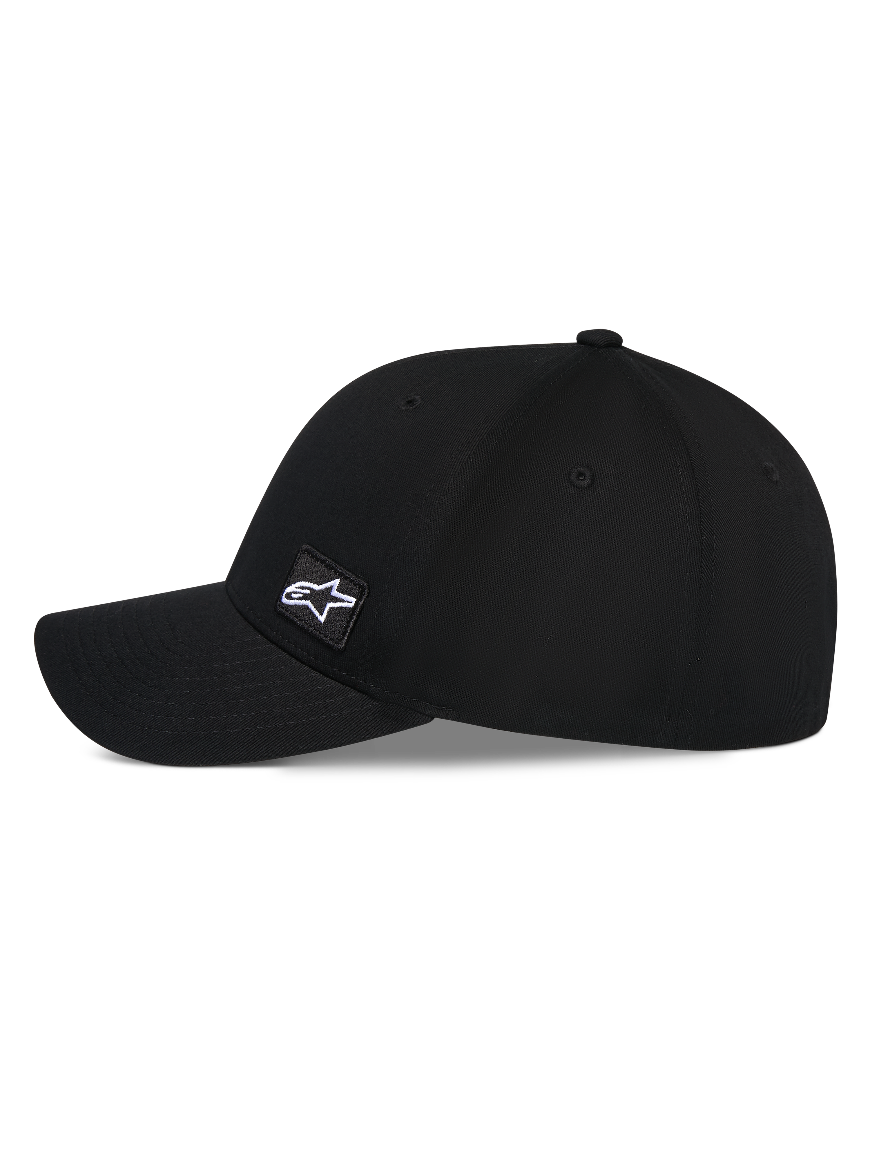 Alpinestars Pivot kasket, sort baseballkasket, sideprofil med buet skygge og struktureret krone, lille broderet firkantet Astars-logomærke på siden, afslappet motorsport-inspireret hovedbeklædning