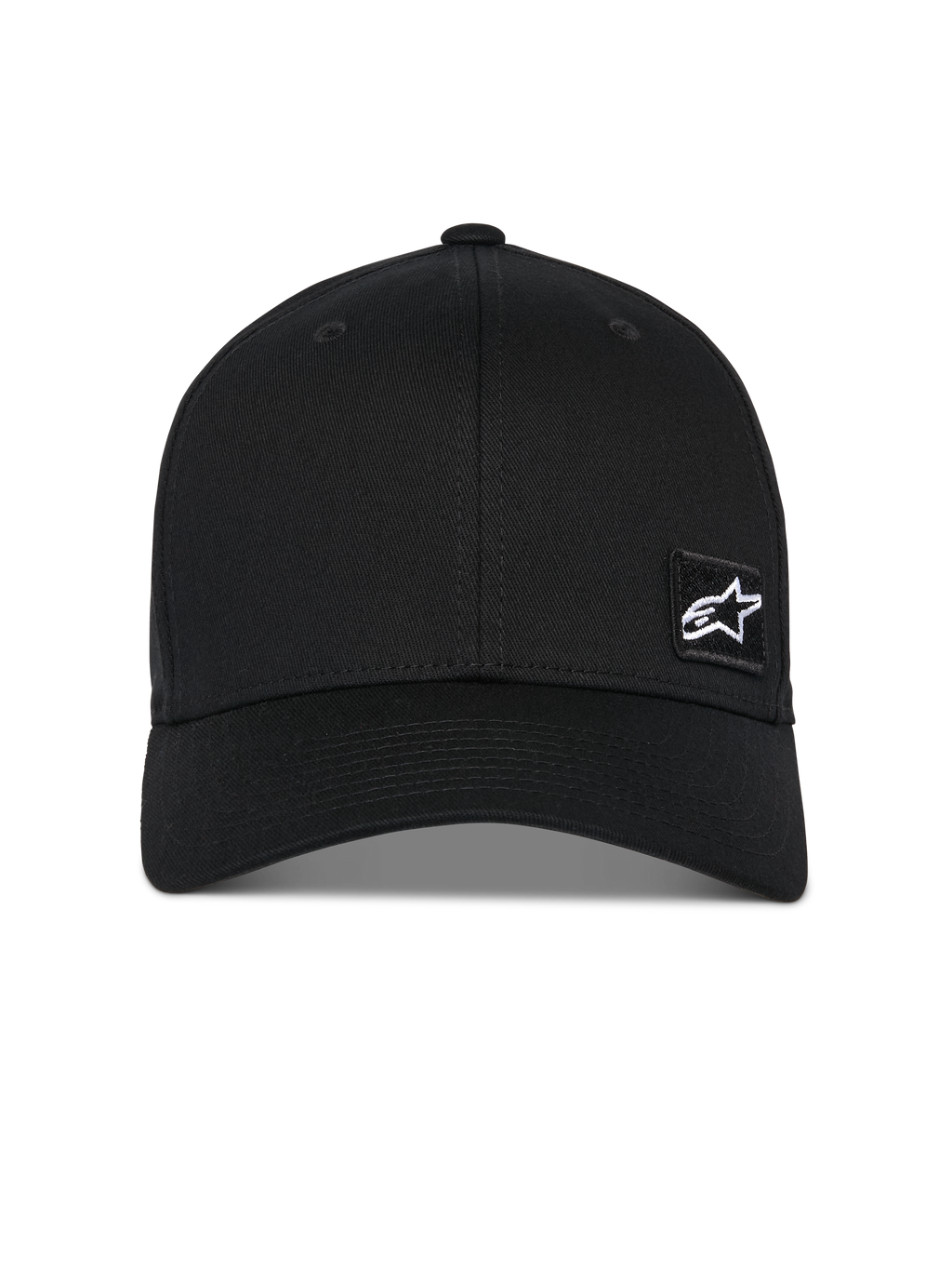 Alpinestars Pivot kasket, sort baseball-kasket, buet skygge med struktureret krone, lille hvidt Astars-stjernelogo på en sort broderet patch, afslappet motorsport-inspireret sportstøj