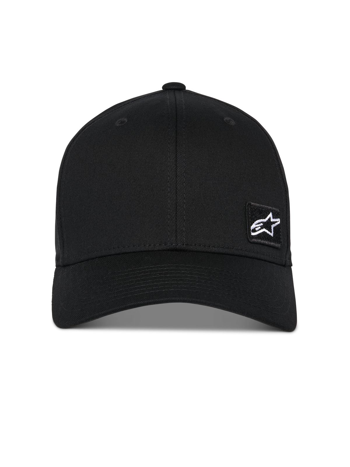 Alpinestars Pivot kasket, sort baseball-kasket, buet skygge med struktureret krone, lille hvidt Astars-stjernelogo på en sort broderet patch, afslappet motorsport-inspireret sportstøj