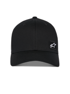 Alpinestars Pivot kasket, sort baseball-kasket, buet skygge med struktureret krone, lille hvidt Astars-stjernelogo på en sort broderet patch, afslappet motorsport-inspireret sportstøj