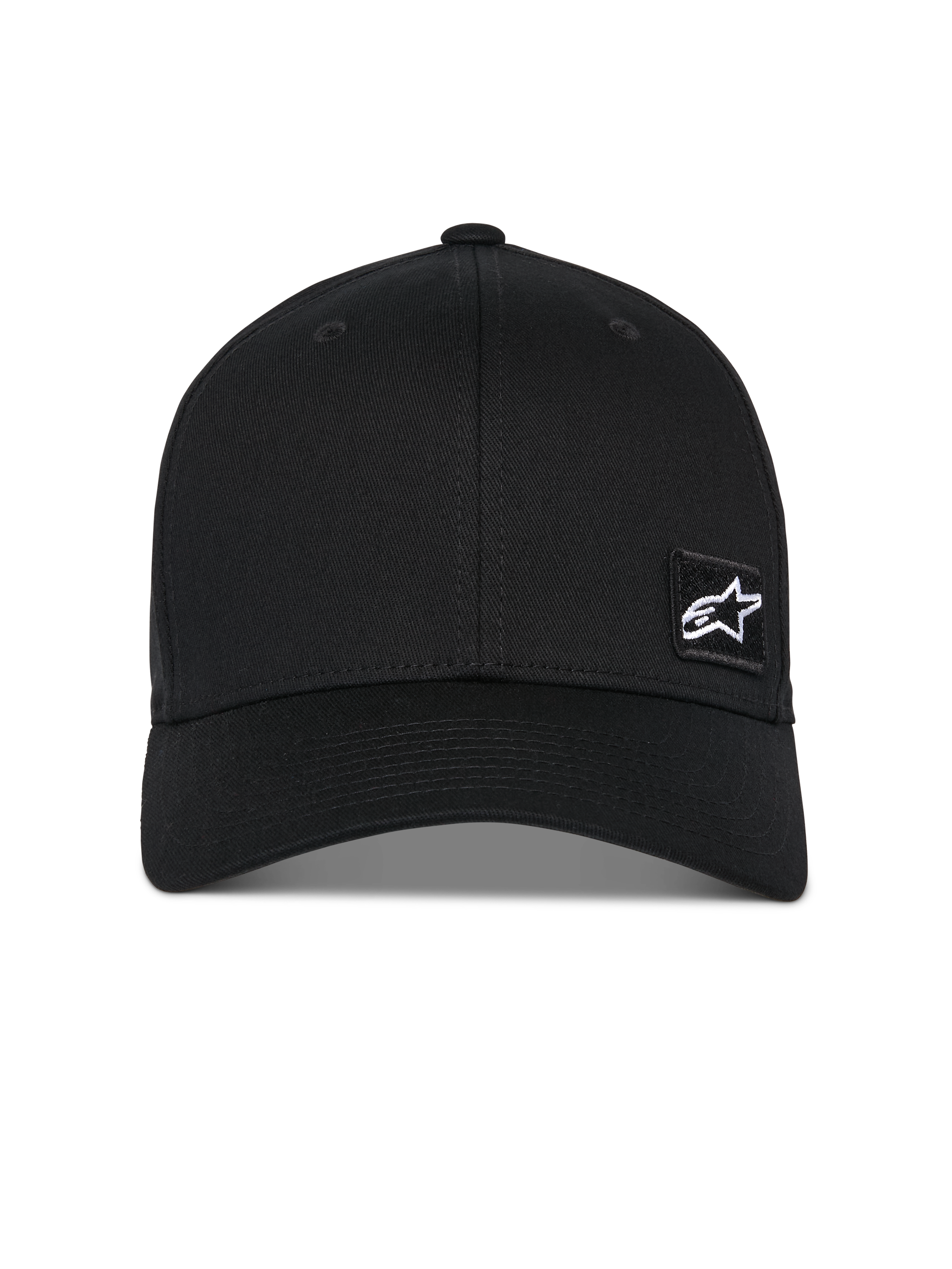 Alpinestars Pivot kasket, sort baseball-kasket, buet skygge med struktureret krone, lille hvidt Astars-stjernelogo på en sort broderet patch, afslappet motorsport-inspireret sportstøj