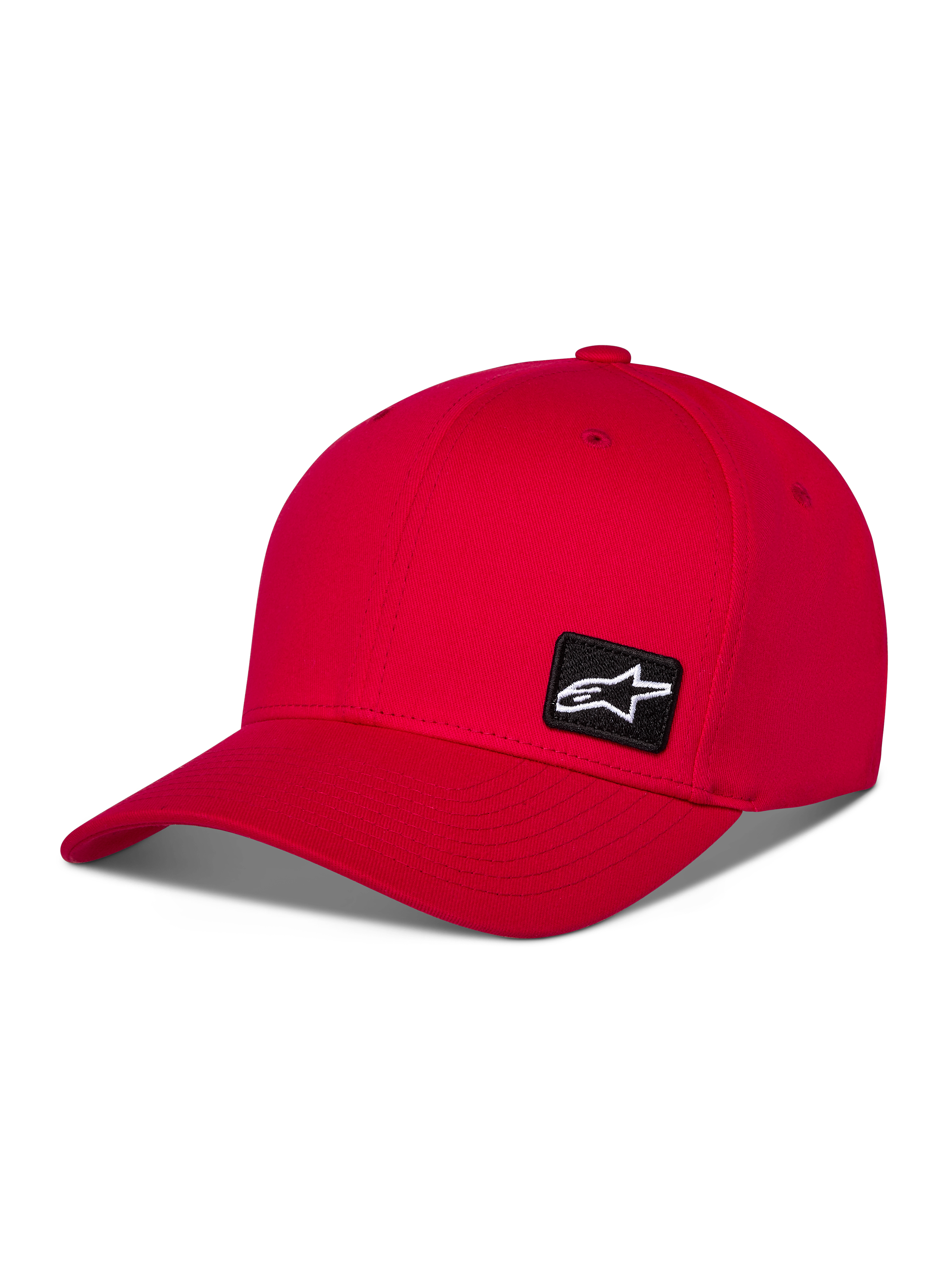Alpinestars Pivot kasket, rød sportswear baseballkasket, buet skygge med struktureret krone, lille sort broderet Astars-logopatch på siden, afslappet motorsportdesign