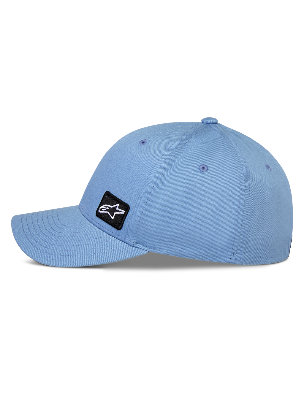 Alpinestars Pivot Hat, blå, kasket med buet skygge i baseball-stil, sidevisning der viser struktureret krone og twill-stof, lille sort broderet Astars logo-emblem, afslappet motorsport-inspireret sportstøj