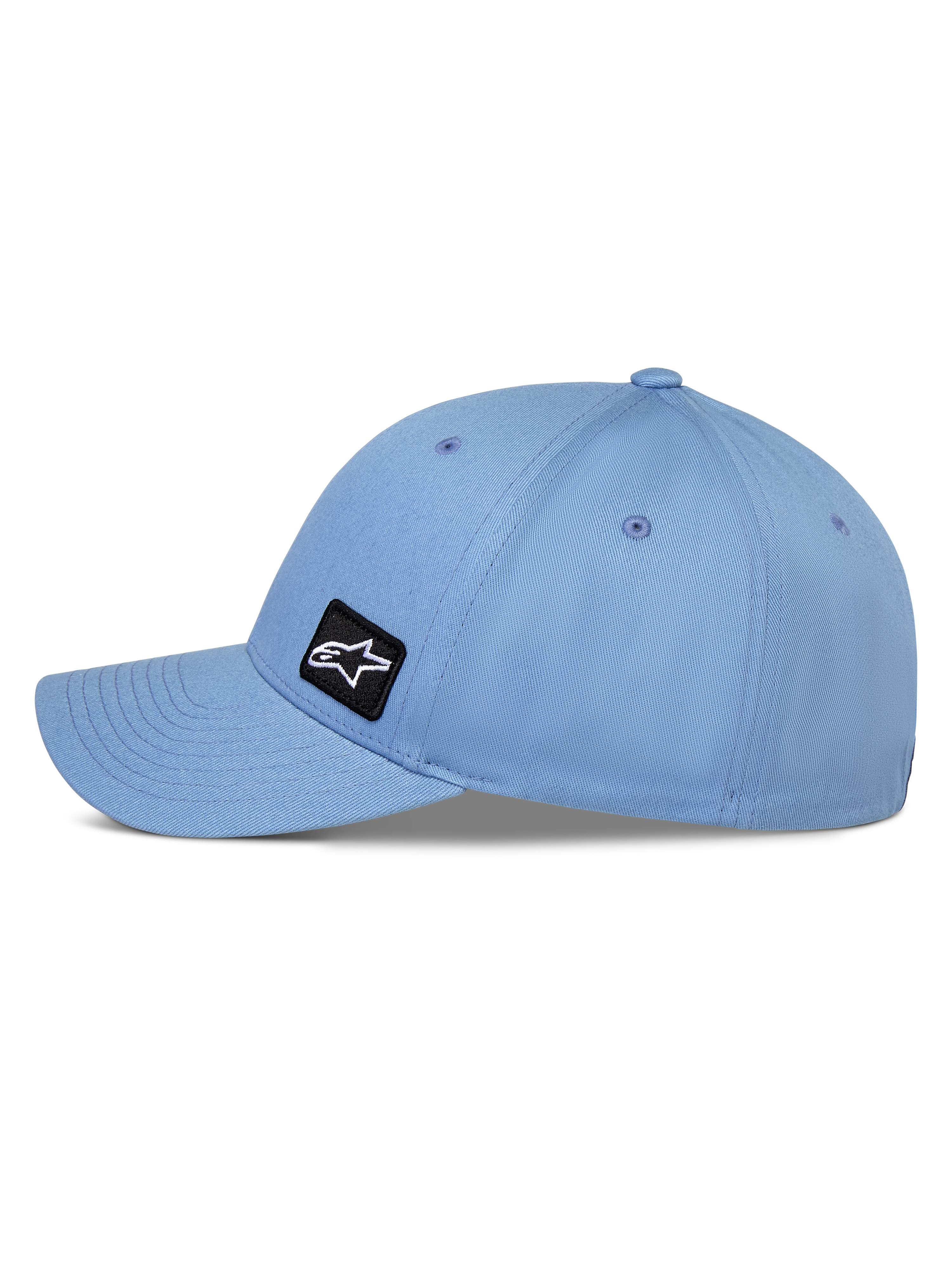 Alpinestars Pivot Hat, blå, kasket med buet skygge i baseball-stil, sidevisning der viser struktureret krone og twill-stof, lille sort broderet Astars logo-emblem, afslappet motorsport-inspireret sportstøj