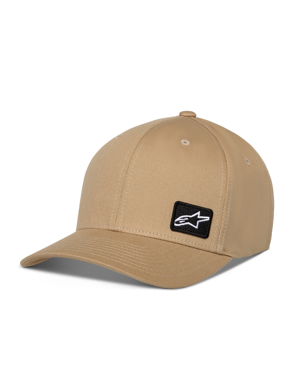 Alpinestars Pivot kasket, afslappet baseball cap, khaki sandfarvet, buet skygge med struktureret krone, lille sort firkantet patch med hvidt Astars-logo, hovedbeklædning i bomuldstwill