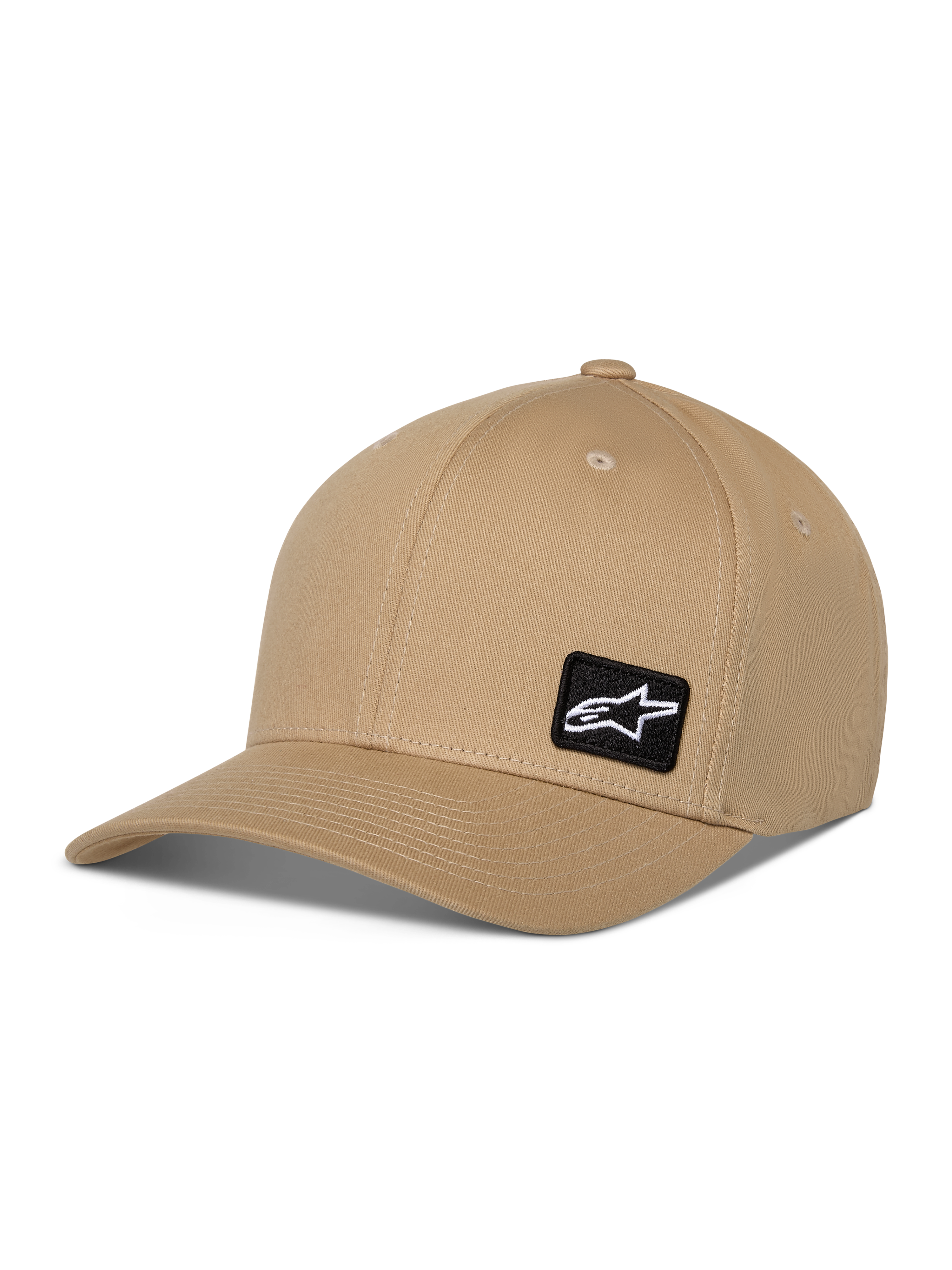 Alpinestars Pivot kasket, afslappet baseball cap, khaki sandfarvet, buet skygge med struktureret krone, lille sort firkantet patch med hvidt Astars-logo, hovedbeklædning i bomuldstwill