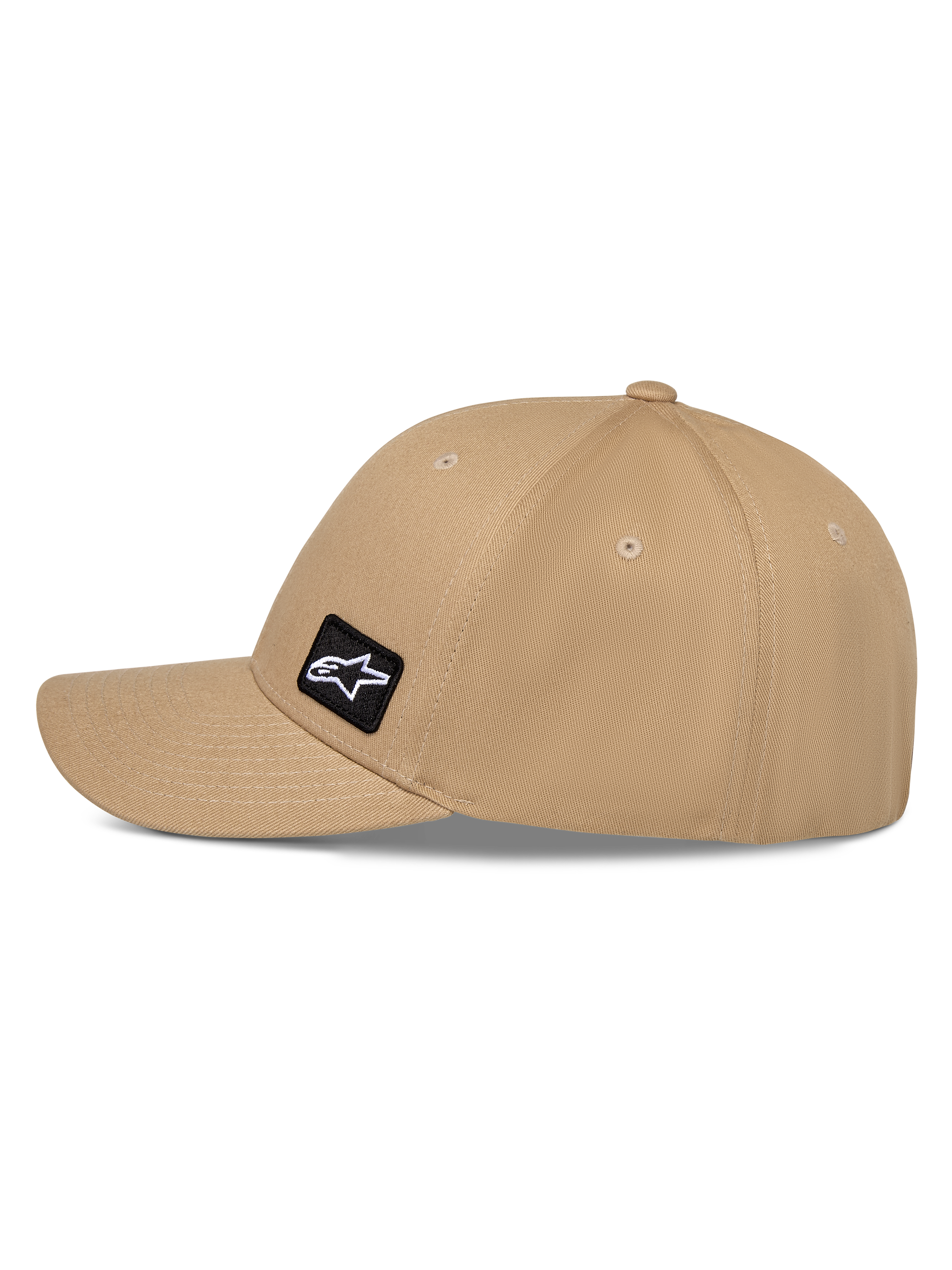 Alpinestars Pivot Hat, casual sportstøj kasket, sand khaki, med buet skygge og struktureret krone, lille sort broderet Astars-logo patch på siden, slidstærkt bomuldstwill-materiale