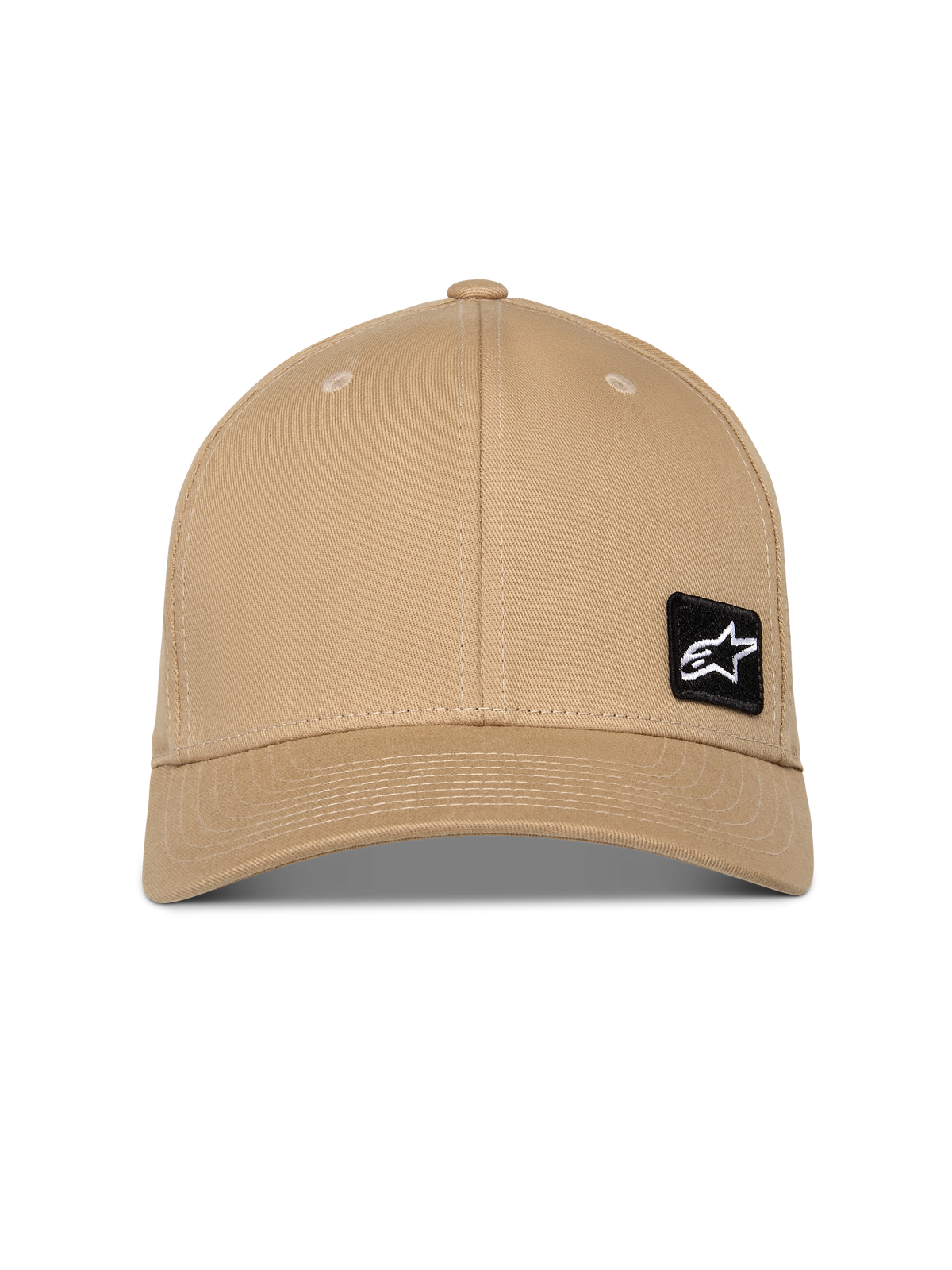Alpinestars Pivot Hat, sand khaki, buet skygge med struktureret krone, lille sort broderet Astars logo-patch på forsiden, afslappet sportstøj-hovedbeklædning