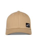 Alpinestars Pivot Hat, sand khaki, buet skygge med struktureret krone, lille sort broderet Astars logo-patch på forsiden, afslappet sportstøj-hovedbeklædning