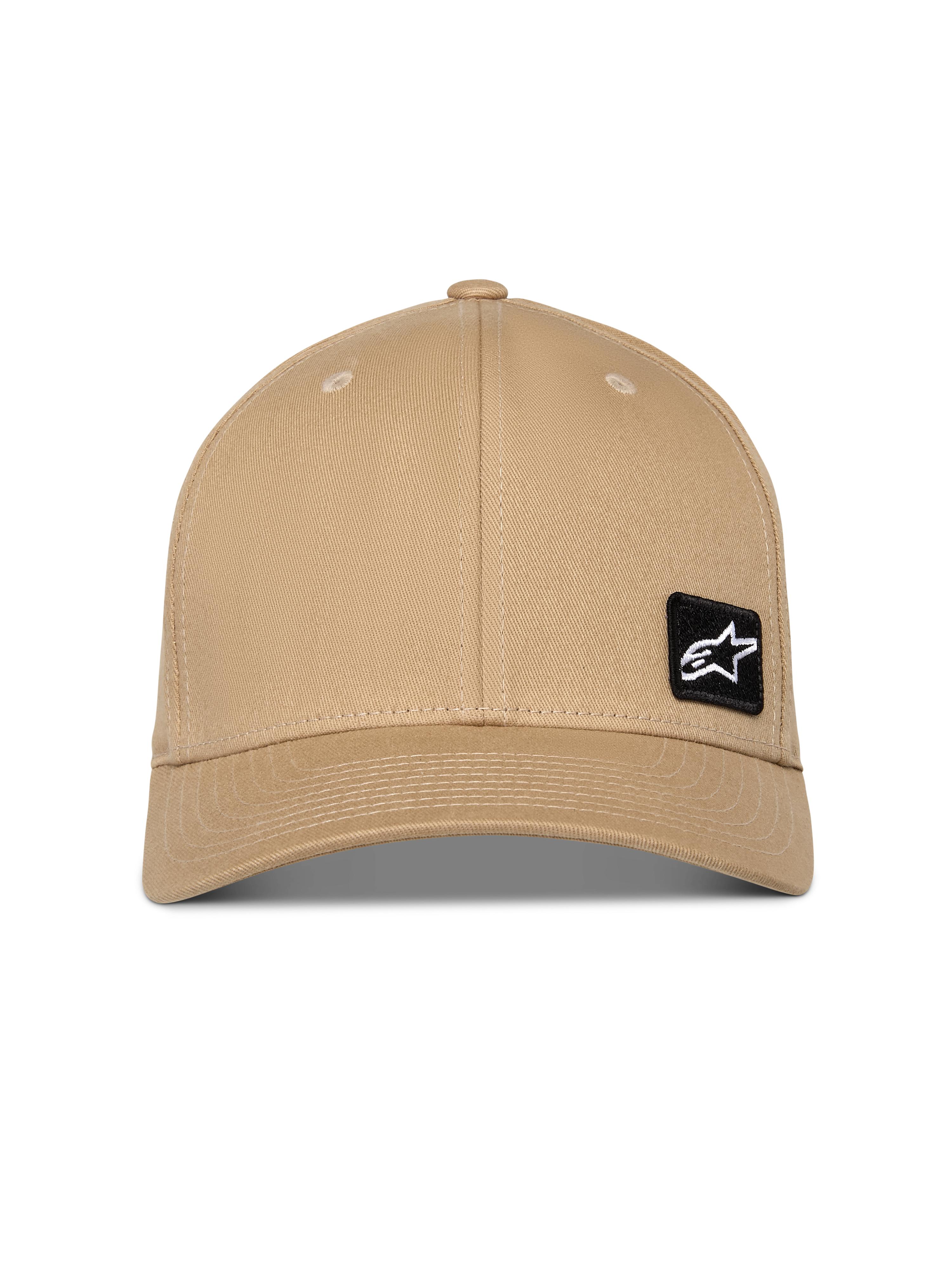 Alpinestars Pivot Hat, sand khaki, buet skygge med struktureret krone, lille sort broderet Astars logo-patch på forsiden, afslappet sportstøj-hovedbeklædning