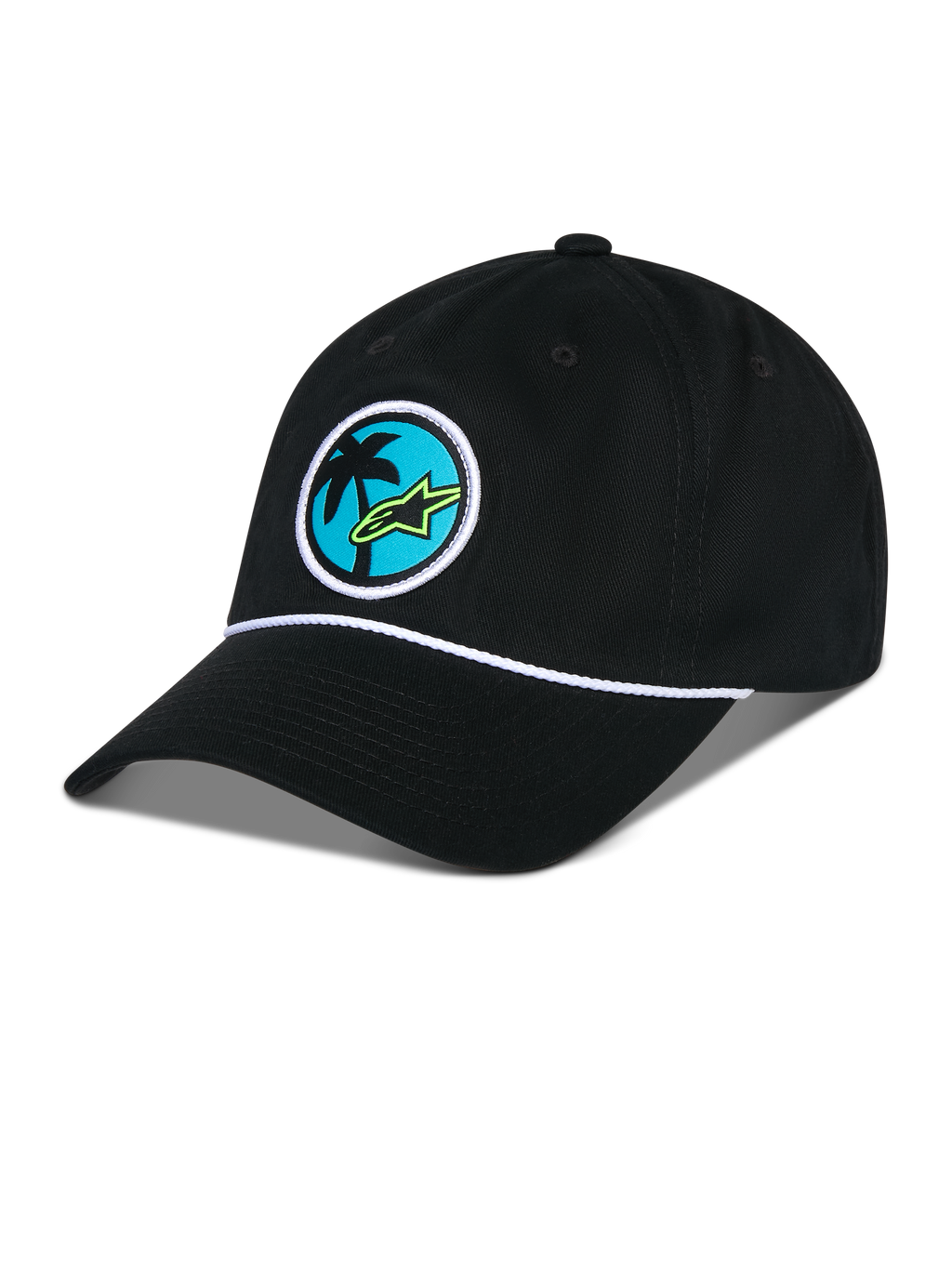 Alpinestars Calipalm Strapback kasket, sort, ustruktureret lav krone med buet skygge, hvid snordetalje, cirkulært mærke på fronten med et palmetræ og limegrønt Astars-logo, afslappet sportstøj