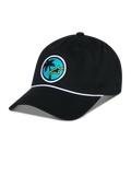 Alpinestars Calipalm Strapback kasket, sort, ustruktureret lav krone med buet skygge, hvid snordetalje, cirkulært mærke på fronten med et palmetræ og limegrønt Astars-logo, afslappet sportstøj
