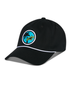Alpinestars Calipalm Strapback kasket, sort, ustruktureret lav krone med buet skygge, hvid snordetalje, cirkulært mærke på fronten med et palmetræ og limegrønt Astars-logo, afslappet sportstøj