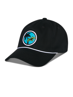 Alpinestars Calipalm Strapback Hat, Black, unstructured low crown with curved bill, white rope detail, front circular patch featuring a palm tree and lime green Astars logo, casual sportswear