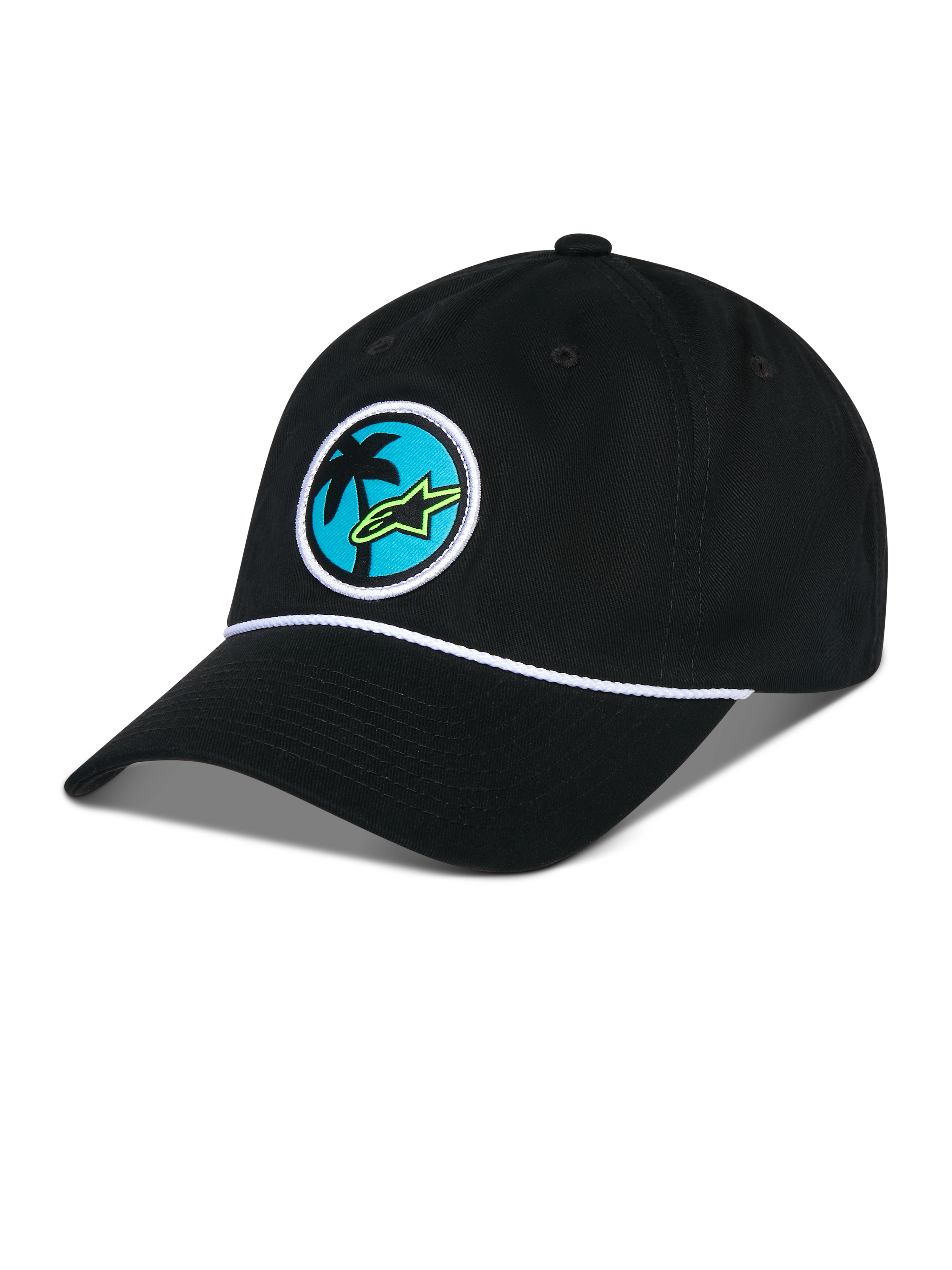 Alpinestars Calipalm Strapback kasket, sort, ustruktureret lav krone med buet skygge, hvid snordetalje, cirkulært mærke på fronten med et palmetræ og limegrønt Astars-logo, afslappet sportstøj