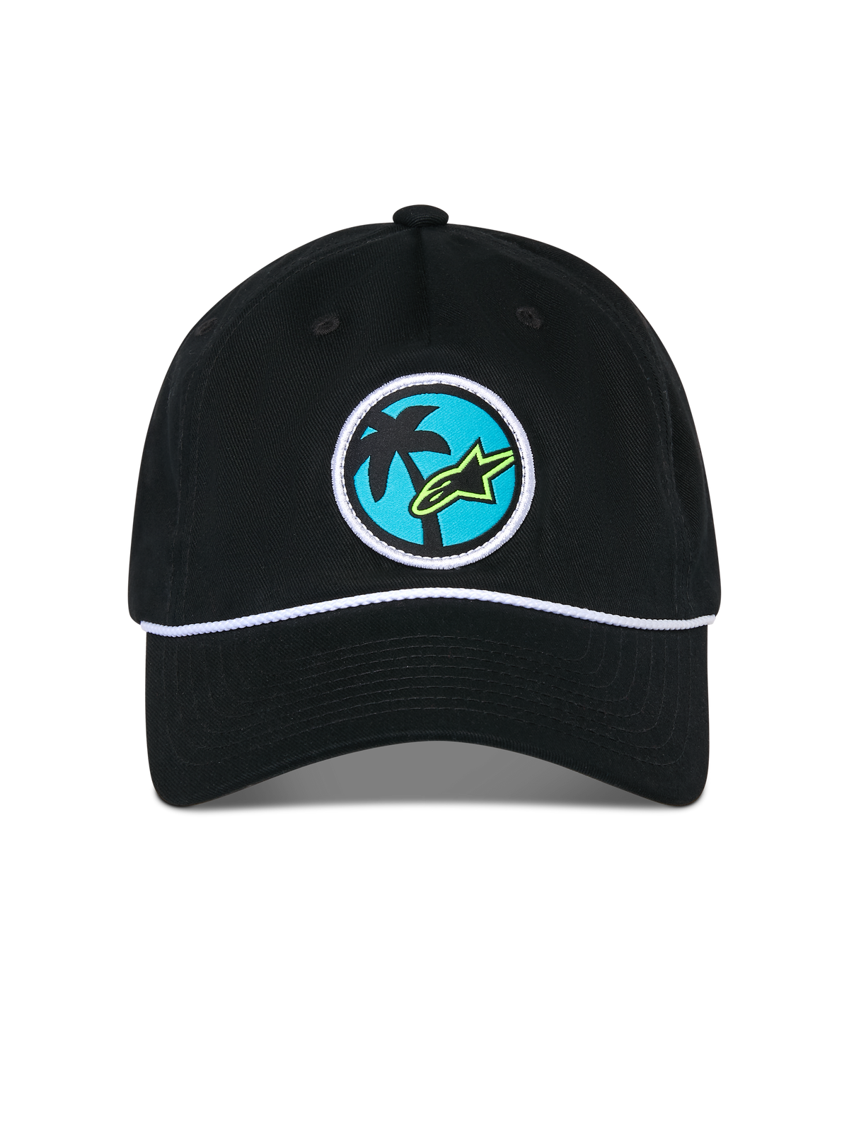 Alpinestars Calipalm Strapback Kasket, sort kasket, med et rundt vævet mærke med et palmetræ og limegrønt Astars-logo på blå baggrund, hvid snordetalje over skyggen, afslappet sportstøj