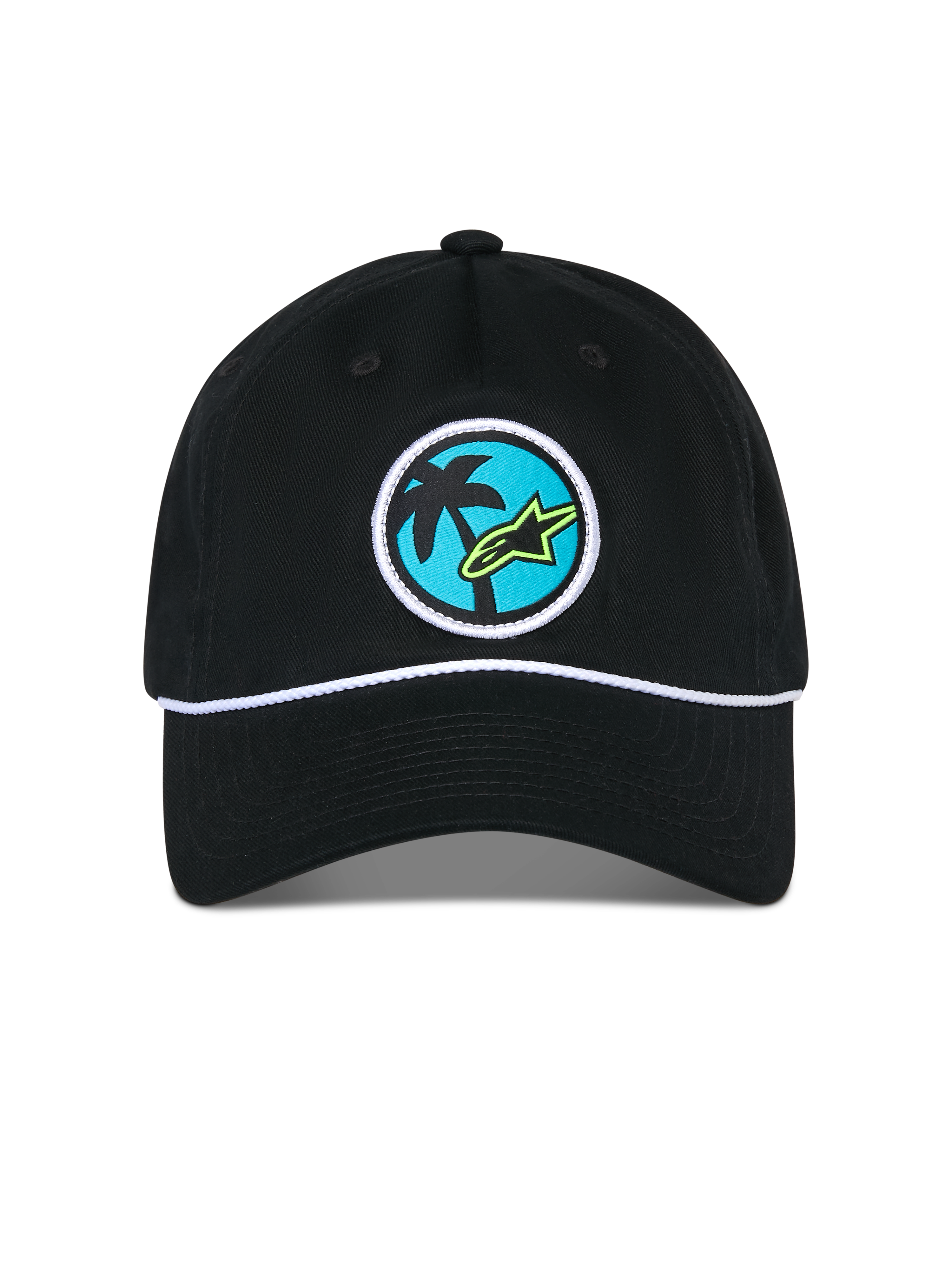 Alpinestars Calipalm Strapback Kasket, sort kasket, med et rundt vævet mærke med et palmetræ og limegrønt Astars-logo på blå baggrund, hvid snordetalje over skyggen, afslappet sportstøj
